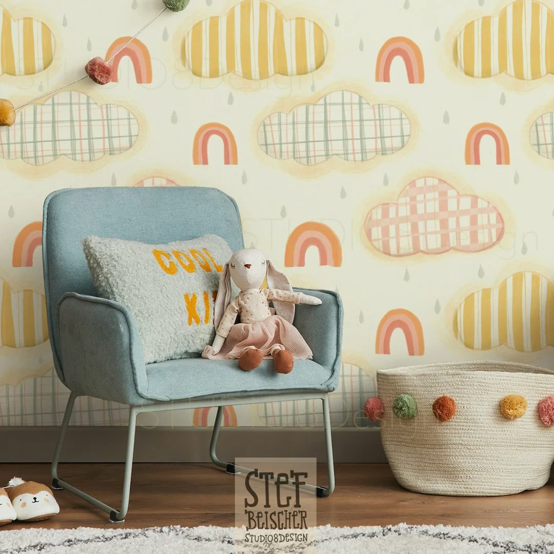 Who says coordinates have to play second fiddle? This adorable rainbow + happy clouds wallpaper is ready to shine in my @happywall_com shop! 🌈☁️ Perfect for brightening up nurseries, playrooms, or anywhere that needs a little dose of happy. Peek at 