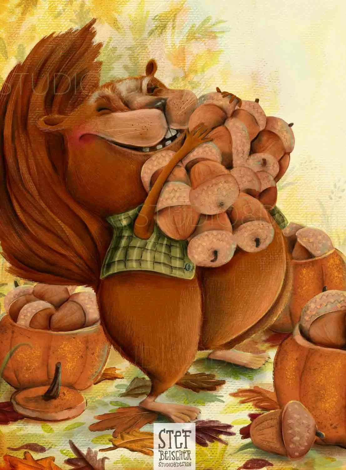 A cute squirrel has a huge armful of acorns in this fall golden setting by children's illustrator Stephanie Beischer. 