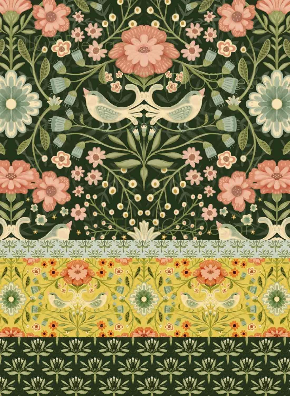 Maximalist floral bird pattern inspired by William Morris and the Arts and Crafts Movement by Stephanie Beischer