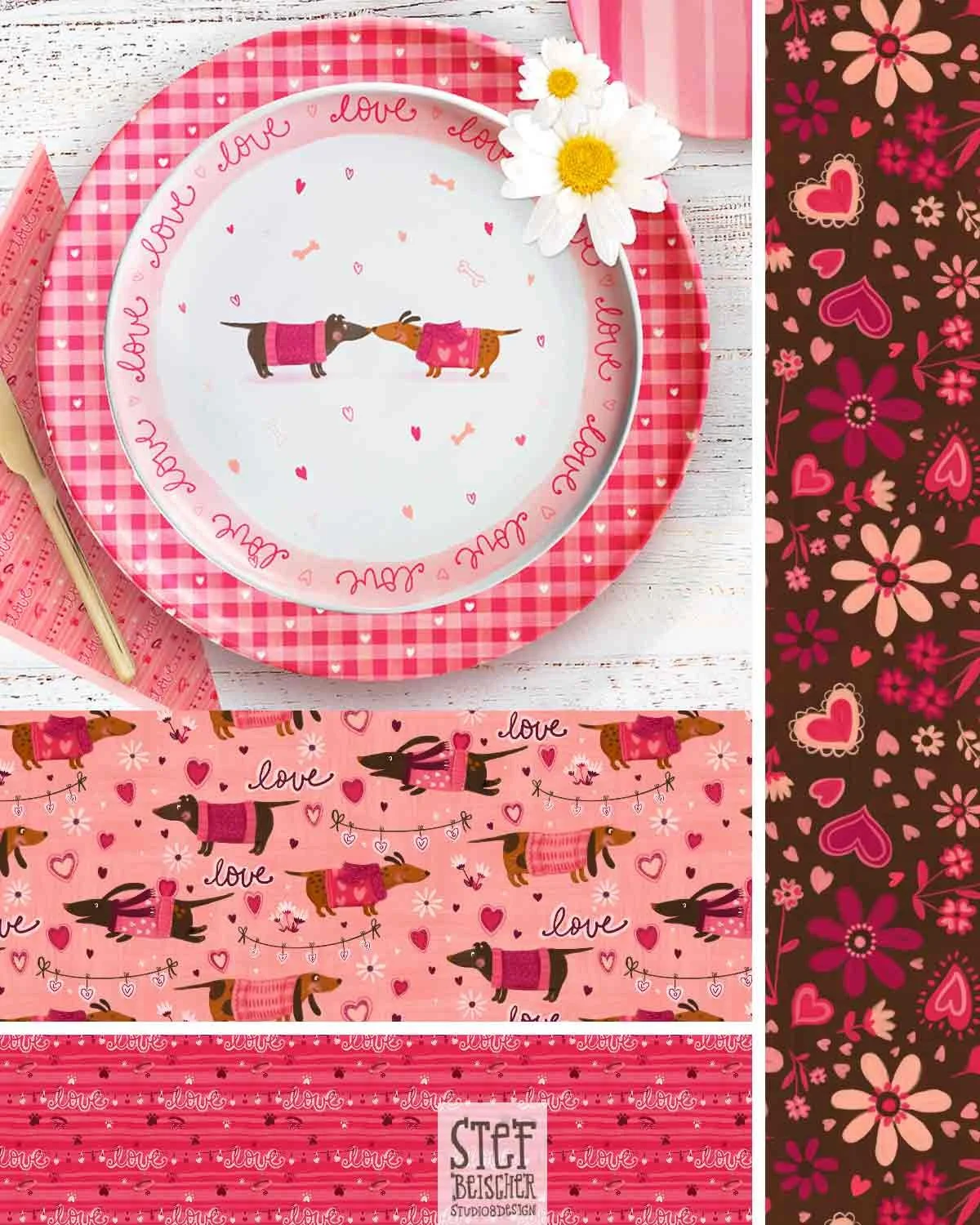 Whimsical wiener dog valentine surface design and hand lettered "love" by Stephanie Beischer