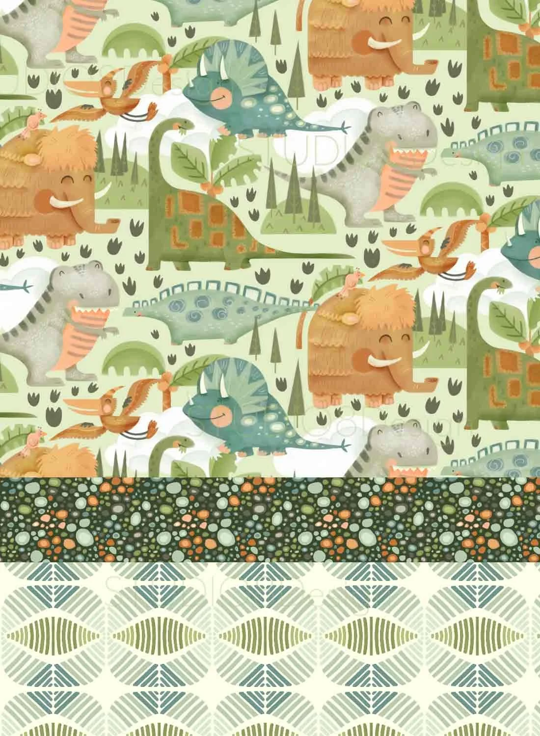 Cute animal design - playful dinosaurs are featured in this fun pattern design by Stephanie Beischer. Stephanie specializes in children's illustration and pattern design.