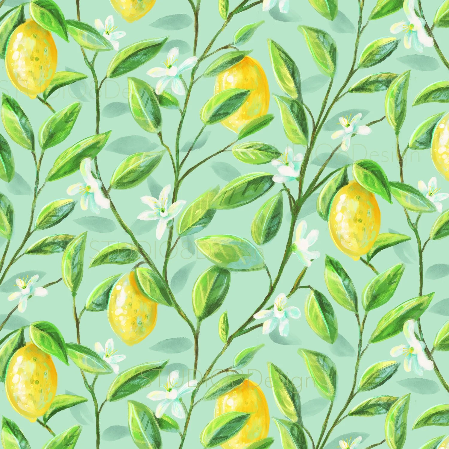 Food surface pattern design and illustration by Stephanie Beischer featuring flowing lemon tree branches, lemons and flowers.