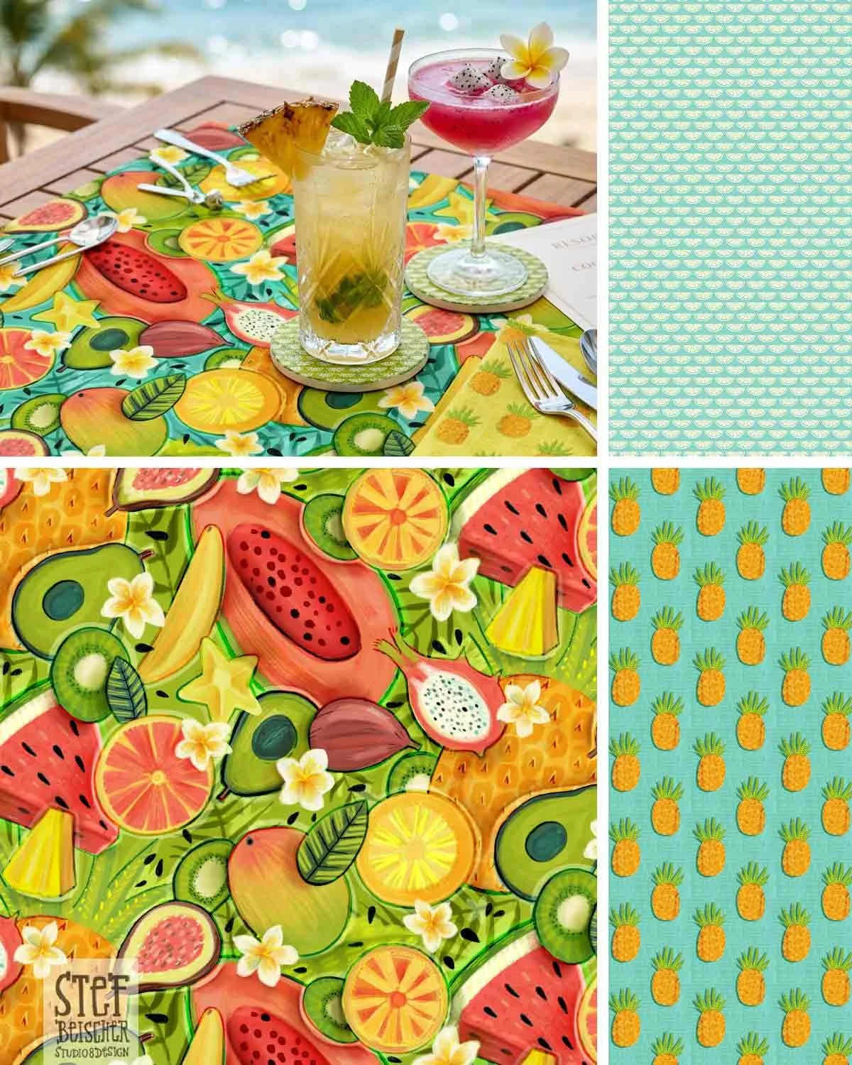 Tropical fruit pattern design collection featuring food illustration of papaya, watermelon, oranges, lemons, pineapple and avocado along with coordinating pattern featuring pineapples and drink umbrellas by Stephanie Beischer.