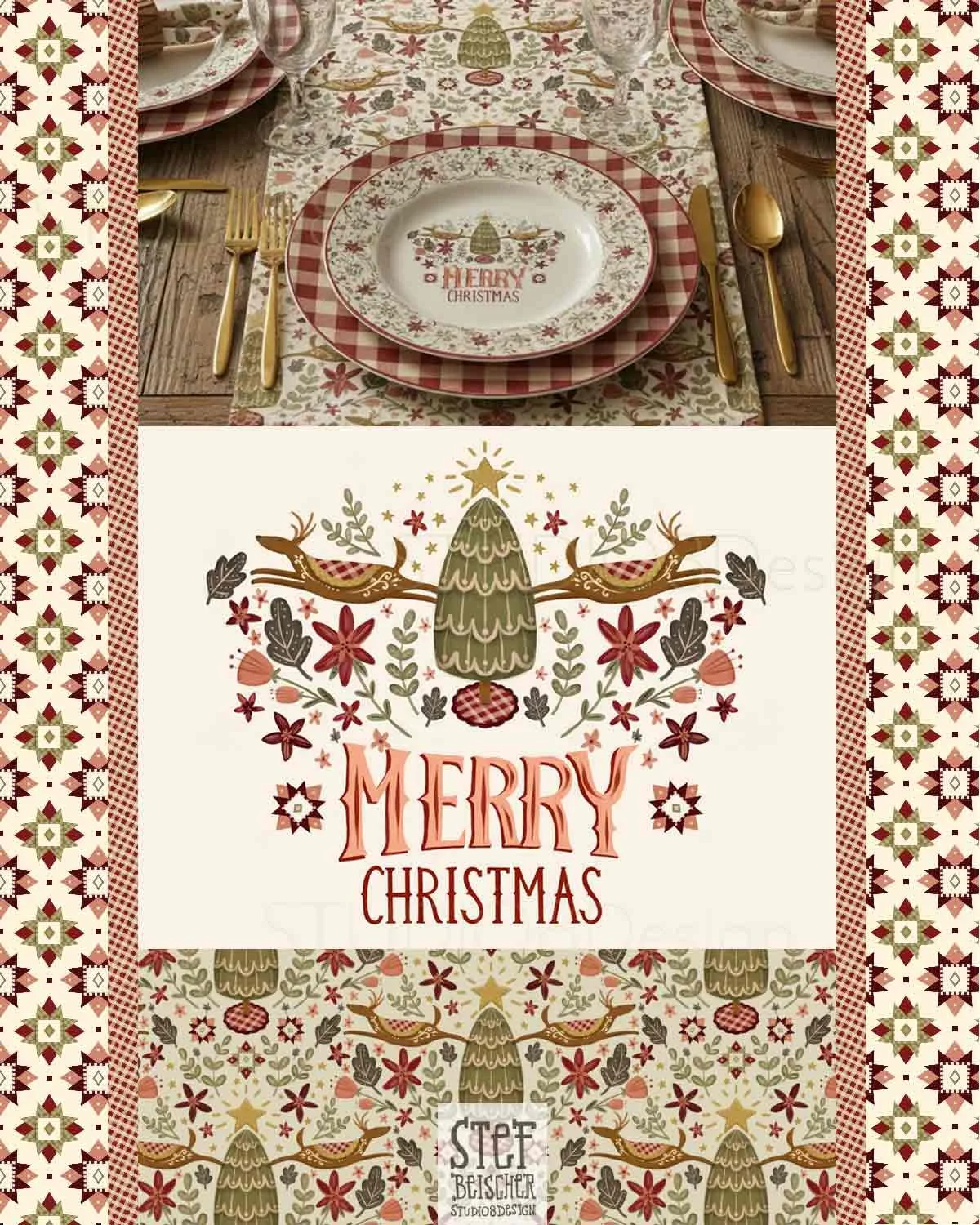 Country quilting reindeer surface design Christmas surface pattern design collection by Stephanie Beischer