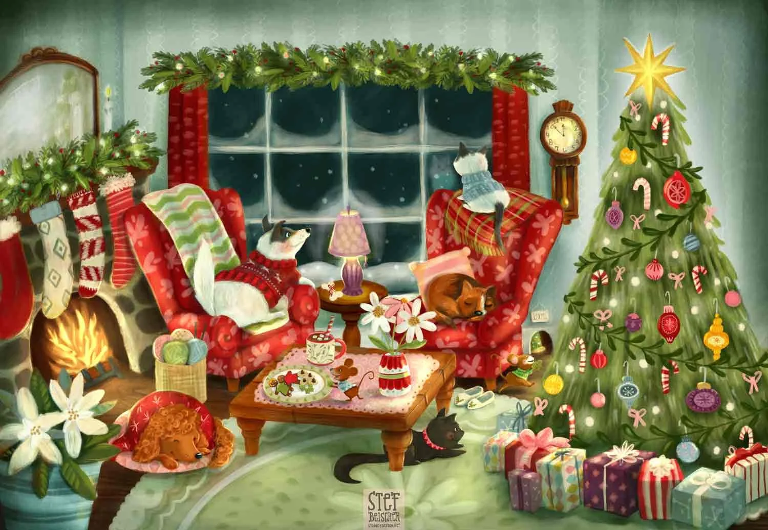 Cute indoor Christmas scene featuring house pets by  a fire place and Christmas tree by Stephanie Beischer
