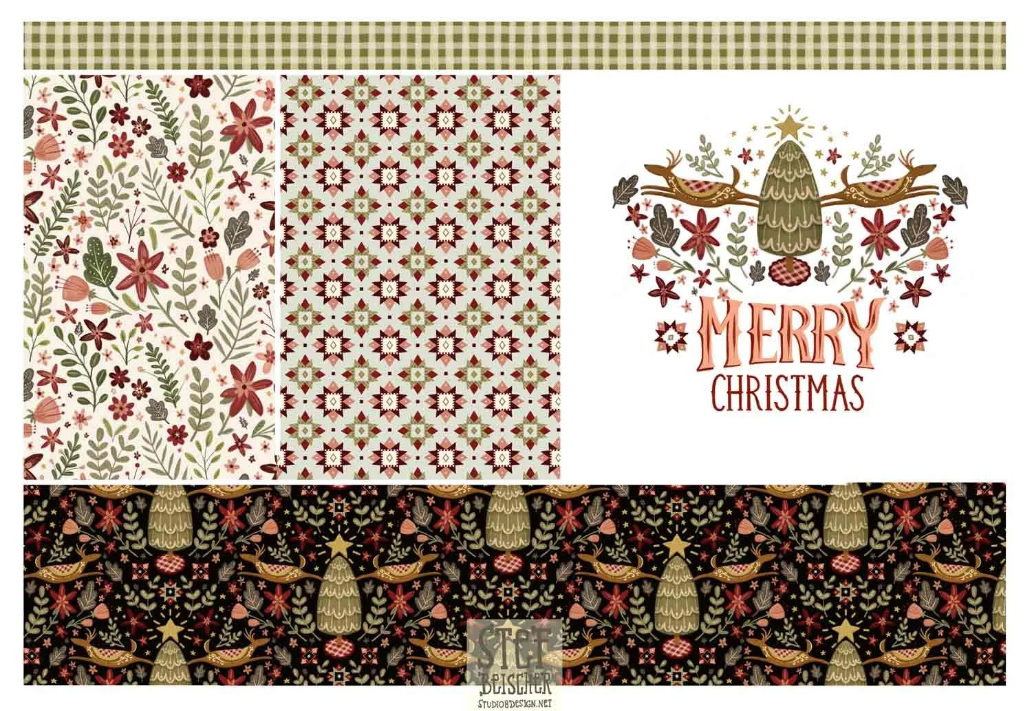 Scandinavian design featuring reindeer, hand lettering, quilt squares. Cute, cozy and homey. Perfect for gift wrap, gift tags, home decor and more. By Stephanie Beischer