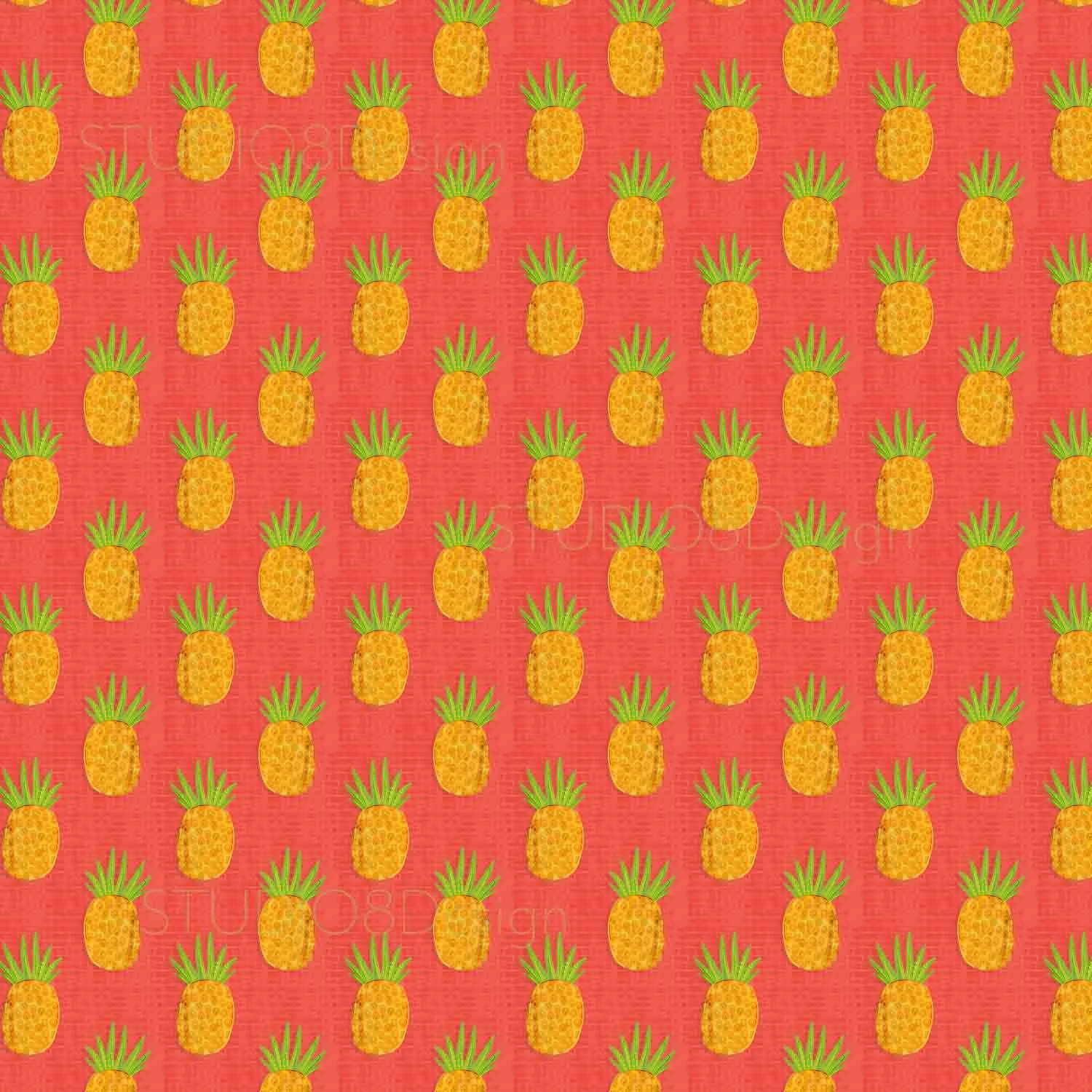 Bright fun pineapple surface pattern design by Stephanie Beischer featuring tossed papayas, watermelons, kiwis, avocados and citrus fruit.