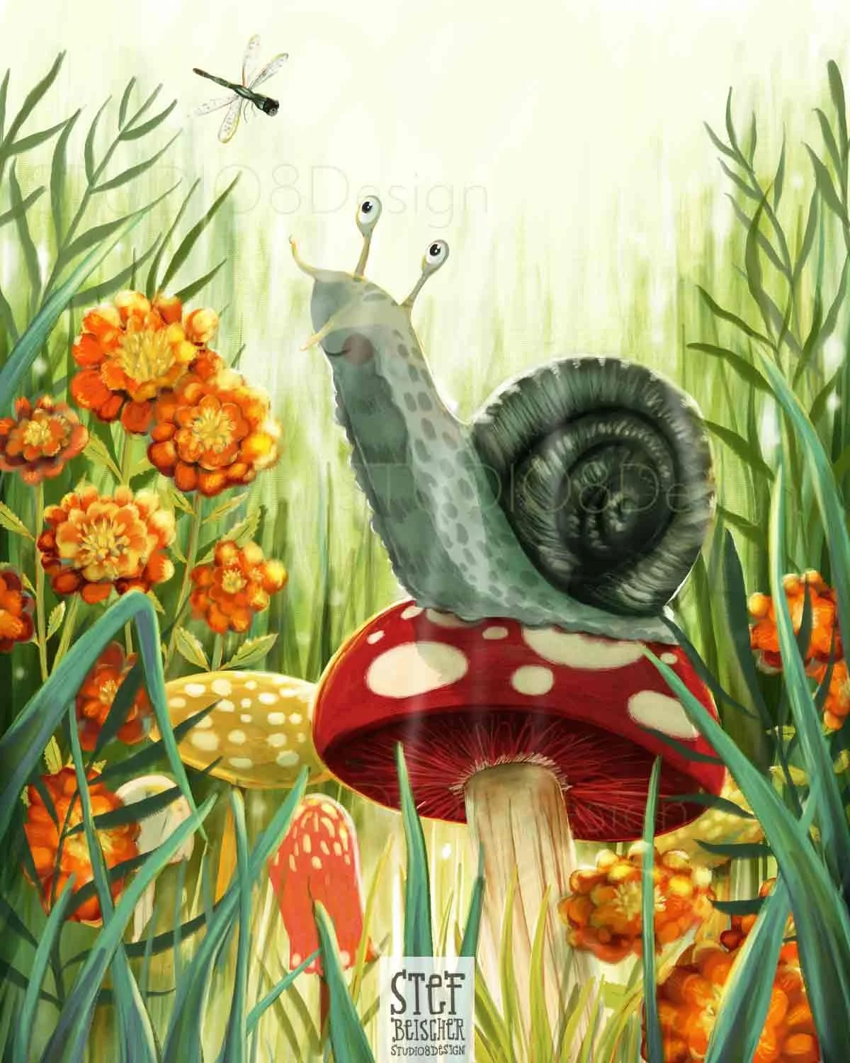 Children's book page featuring a friendly snail interacting with a dragonfly friend while resting on a mushroom - By children's book illustrator Stephanie Beischer
