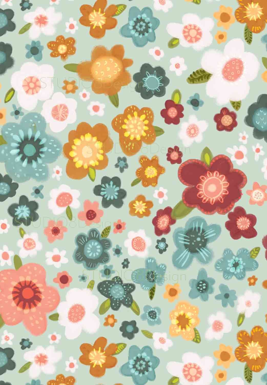 Fun and colorful floral surface pattern illustration on a blue background by Stephanie Beischer