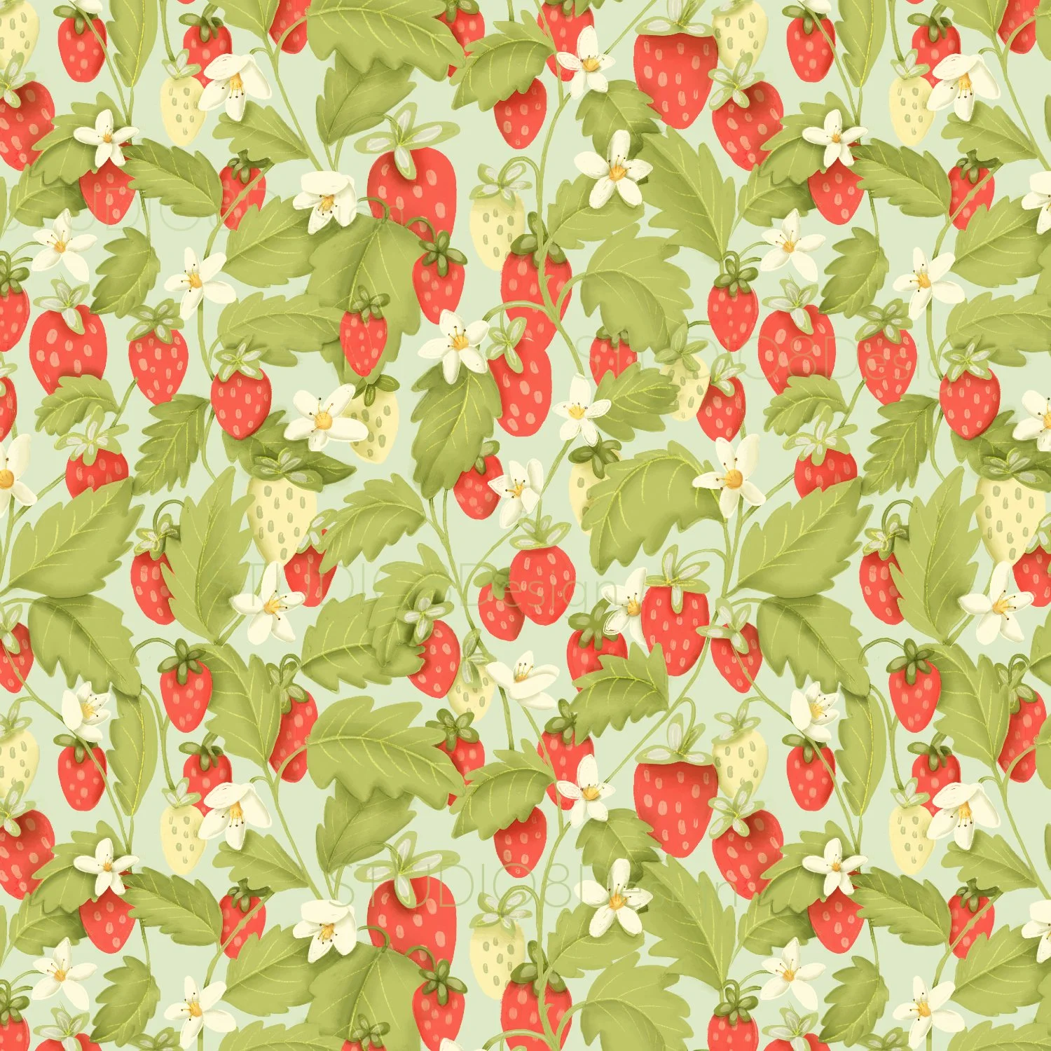 Whimsical food surface pattern design and illustration by Stephanie Beischer featuring swirling strawberry vines.