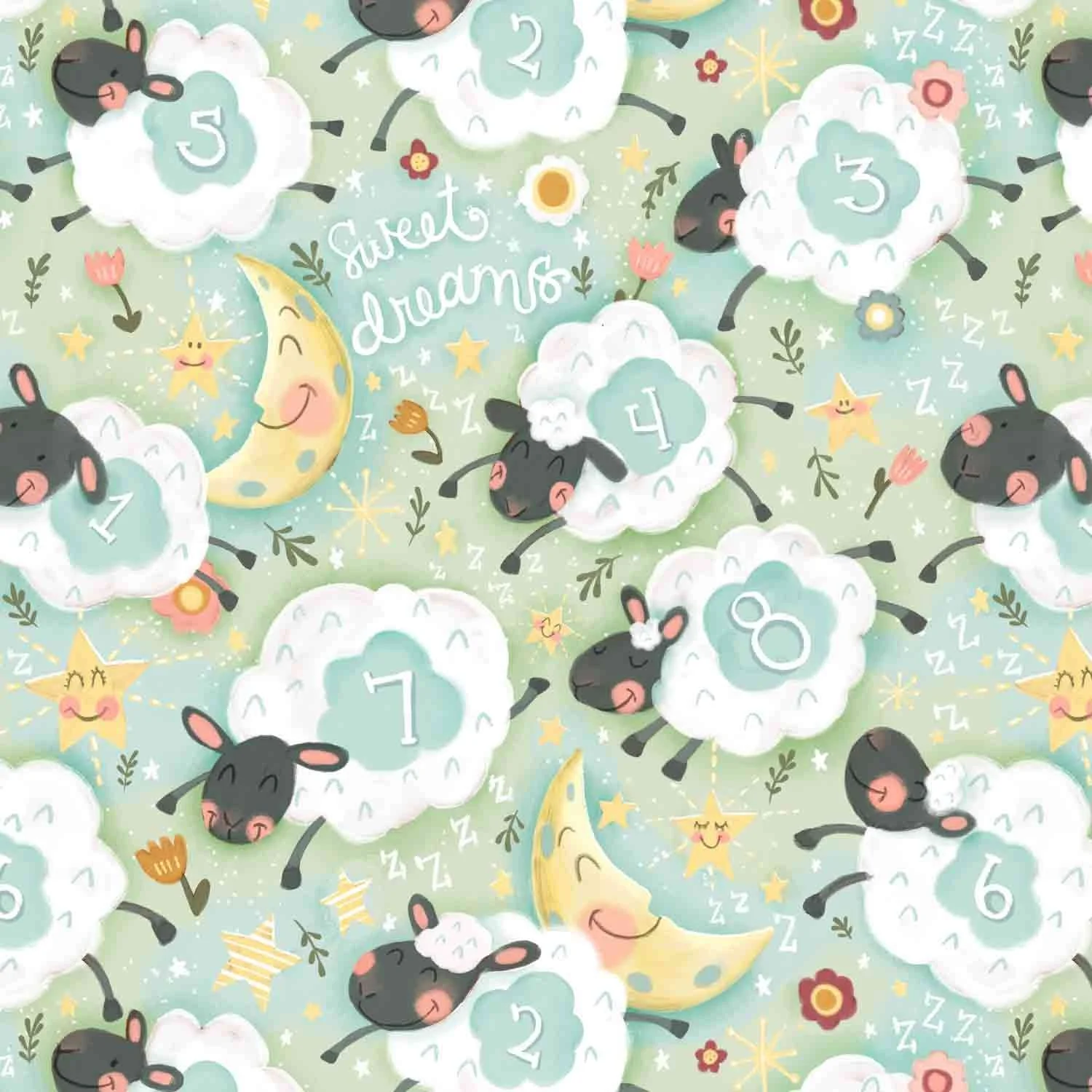 Children's surface pattern illustration by Stephanie Beischer featuring jumping sheep with numbers, hand lettering sweet dreams, moon and stars in a muted soft color palette.