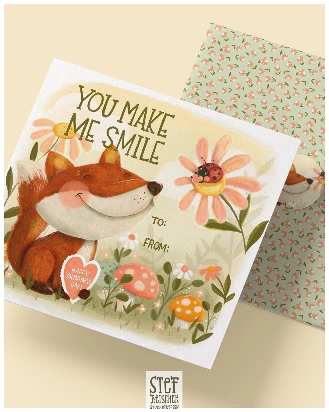 Valentine's Day card with a smiling fox character, flowers, a ladybug, and mushrooms, with the text 'You make me smile' and space for 'To' and 'From'