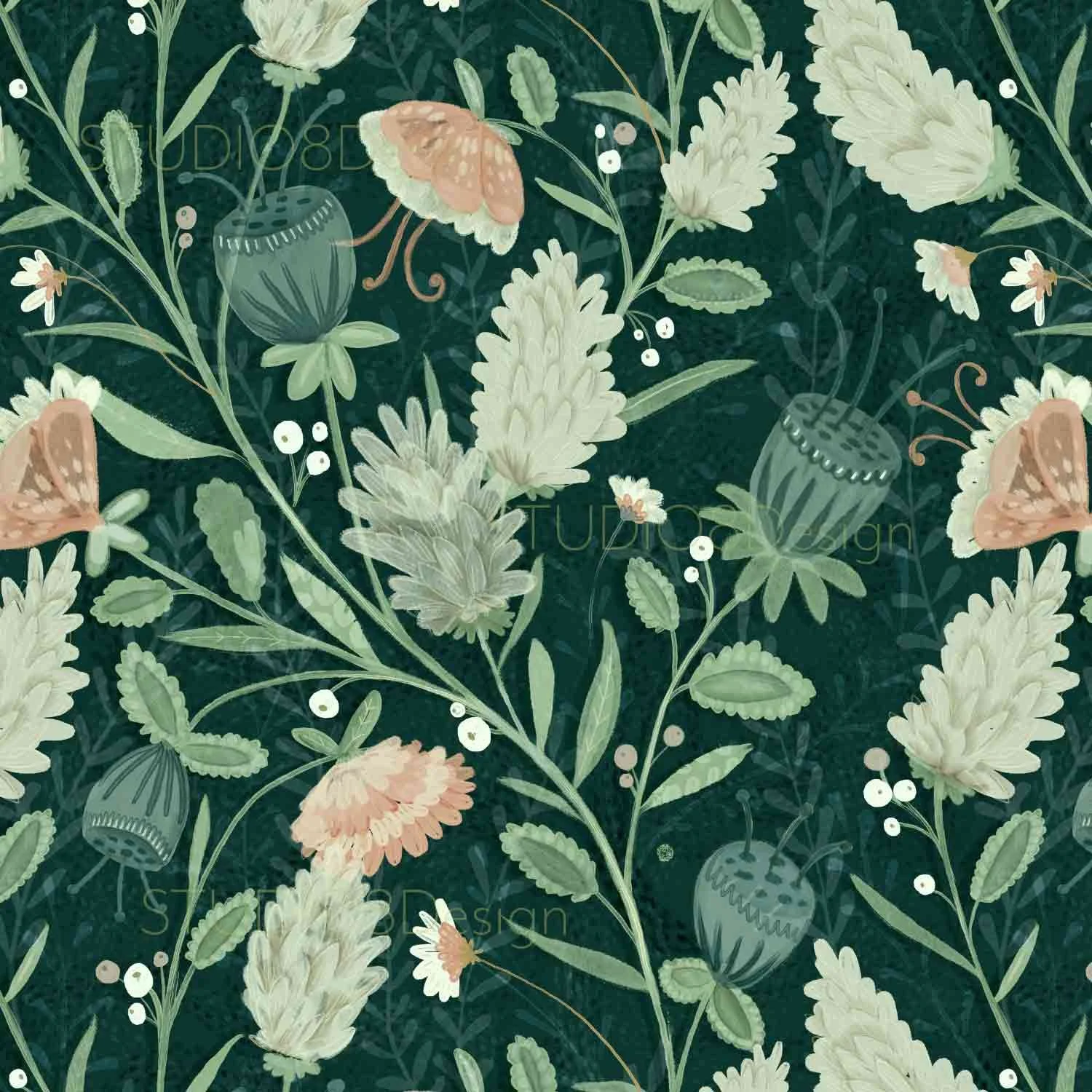 Floral pattern design featuring hydrangeas and tulips on a dark, deep cyan background by Stephanie Beischer