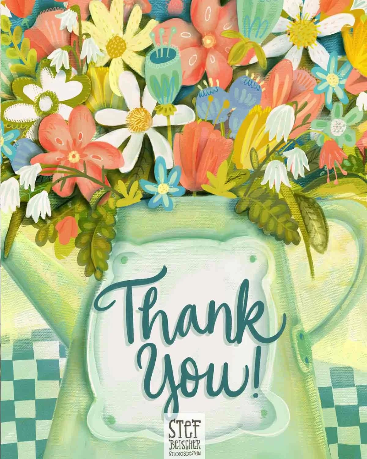 Colorful floral Thank You illustration features whimsical flowers of all types tucked in a watering can set against a checkered background. By surface designer Stephanie Beischer. 