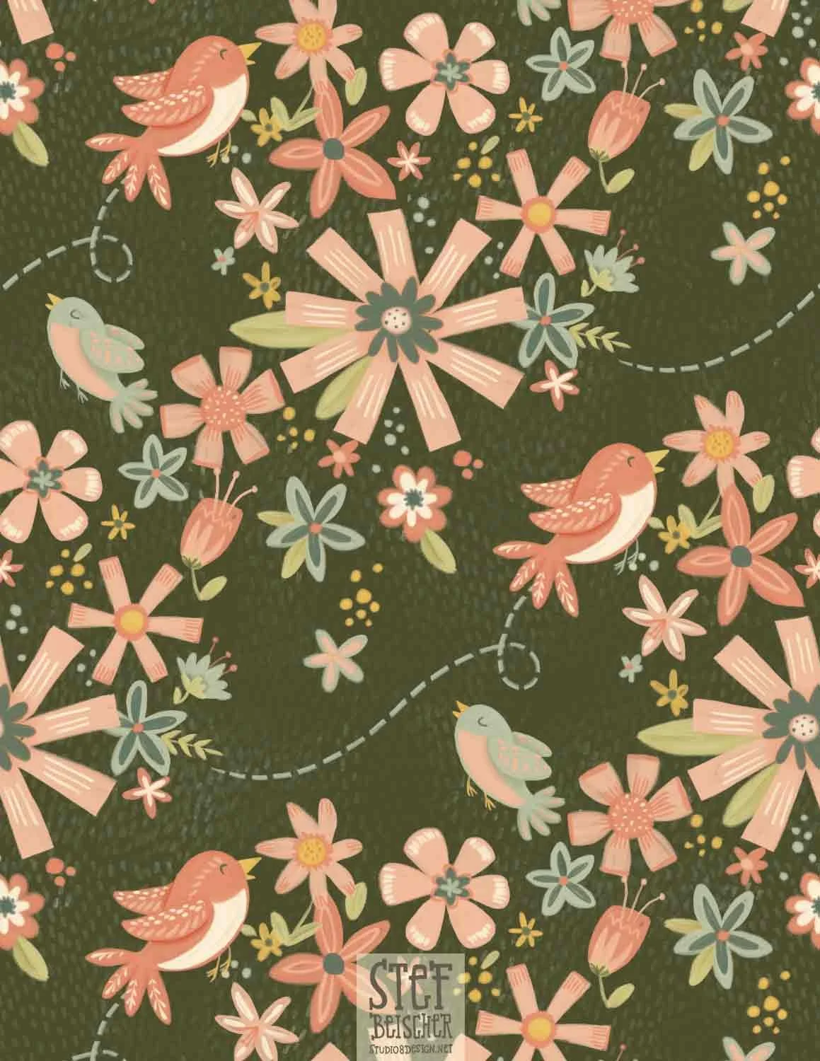whimsical and fun floral pattern design featuring cute birds and nature motifs by Stephanie Beischer