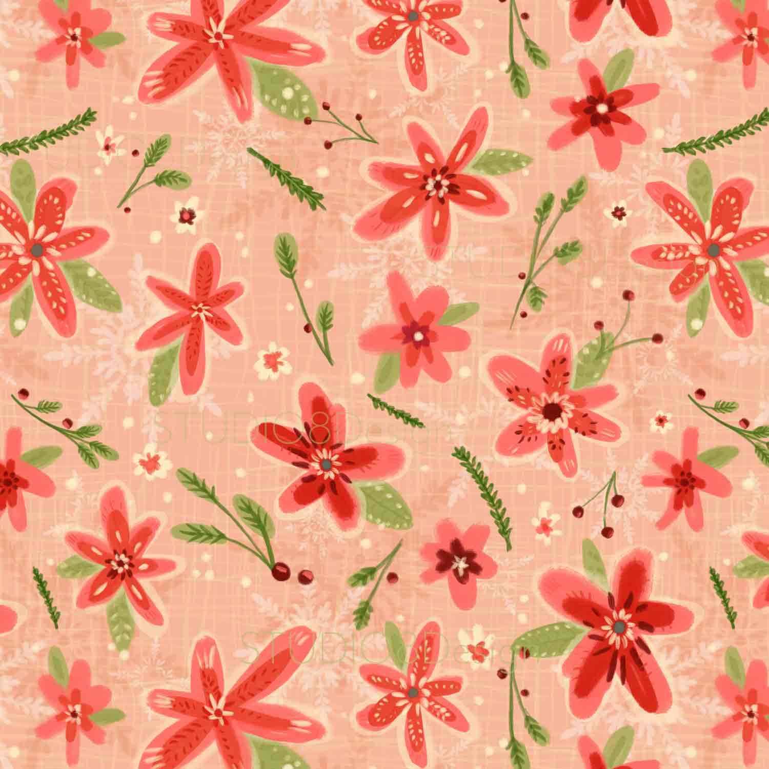 A whimsical Christmas surface pattern design and illustration by Stephanie Beischer featuring hand painted poinsettia flowers.