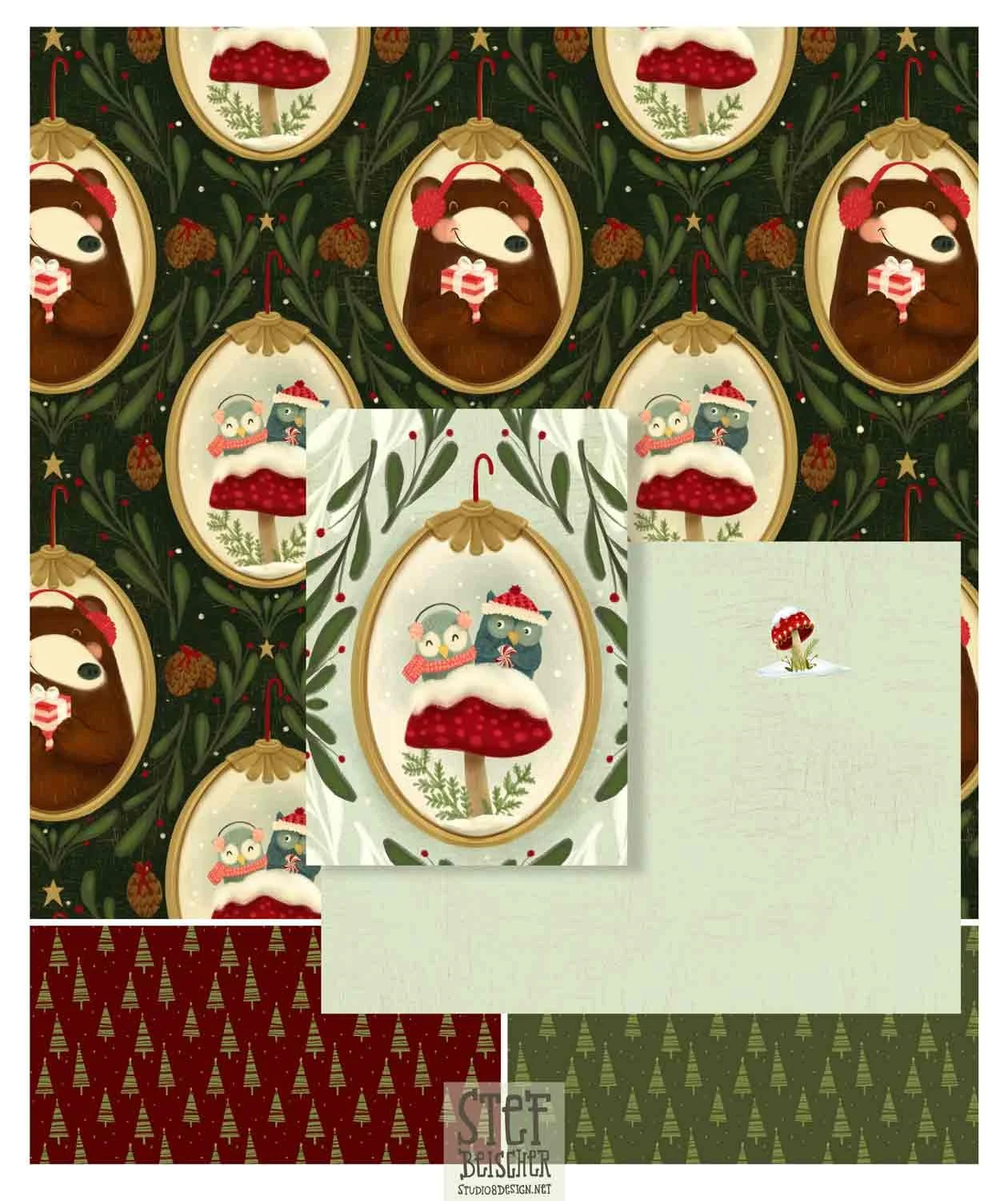Surface pattern collection -  Woodland Christmas theme featuring owls and bears. Perfect for greeting cards, gift wrap and seasonal home decor by Stephanie Beischer