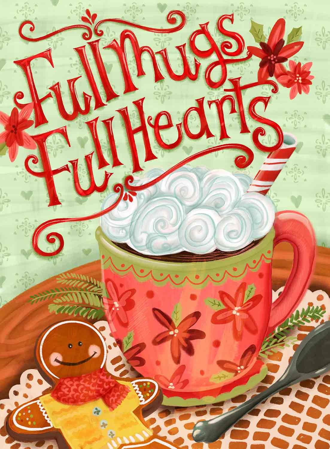 An illustration of a mug of hot cocoa with whipped cream and a peppermint stick on a plaid table cloth next to a gingerbread man cookie.