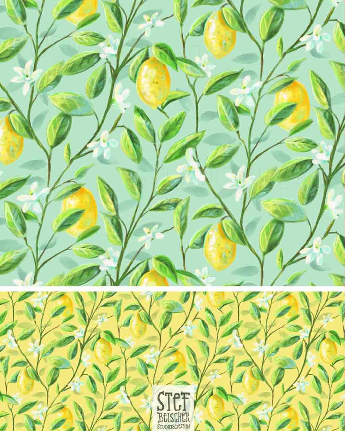 Lemon grove floral surface pattern design by Stephanie Beischer.