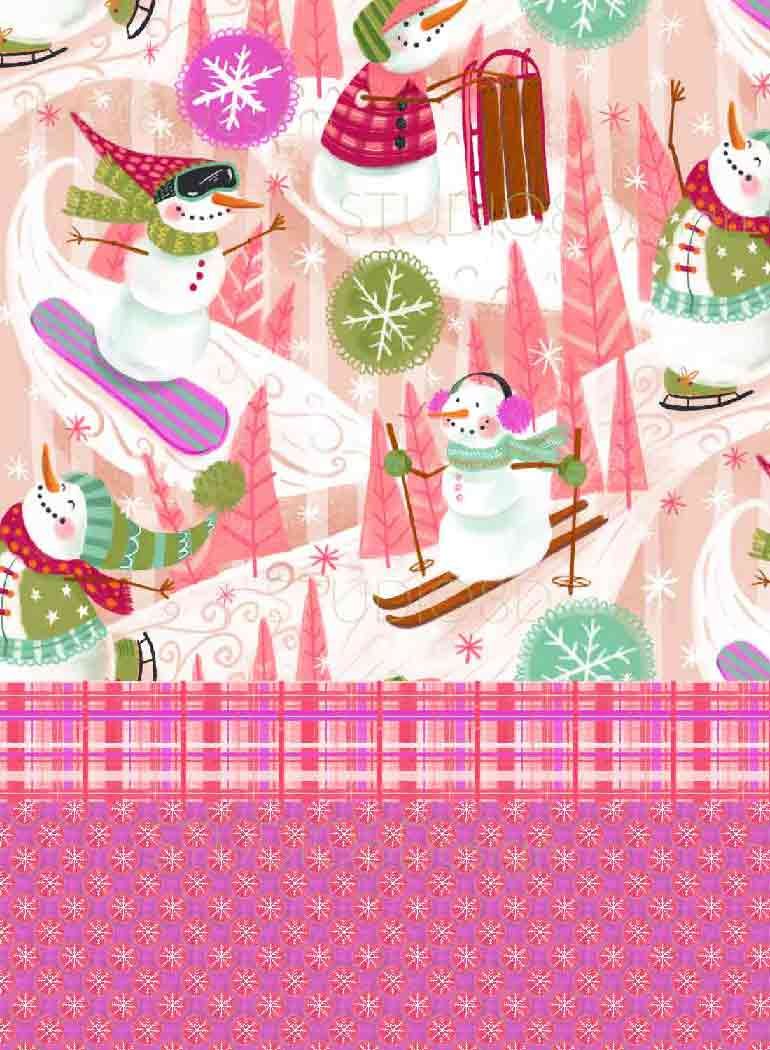 Winter sports illustration collection by Stephanie Beischer featuring snowmen snowboarding, skiing, sledding and skating.