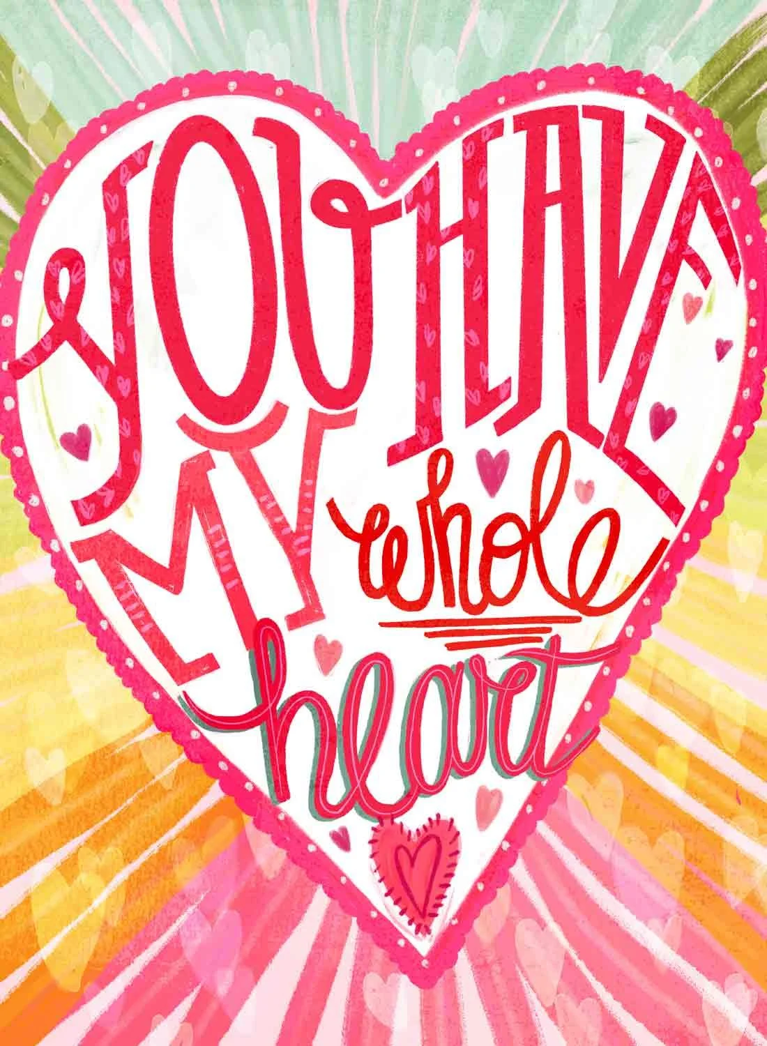 Illustration featuring brightly painted hearts with hand lettering by Stephanie Beischer.