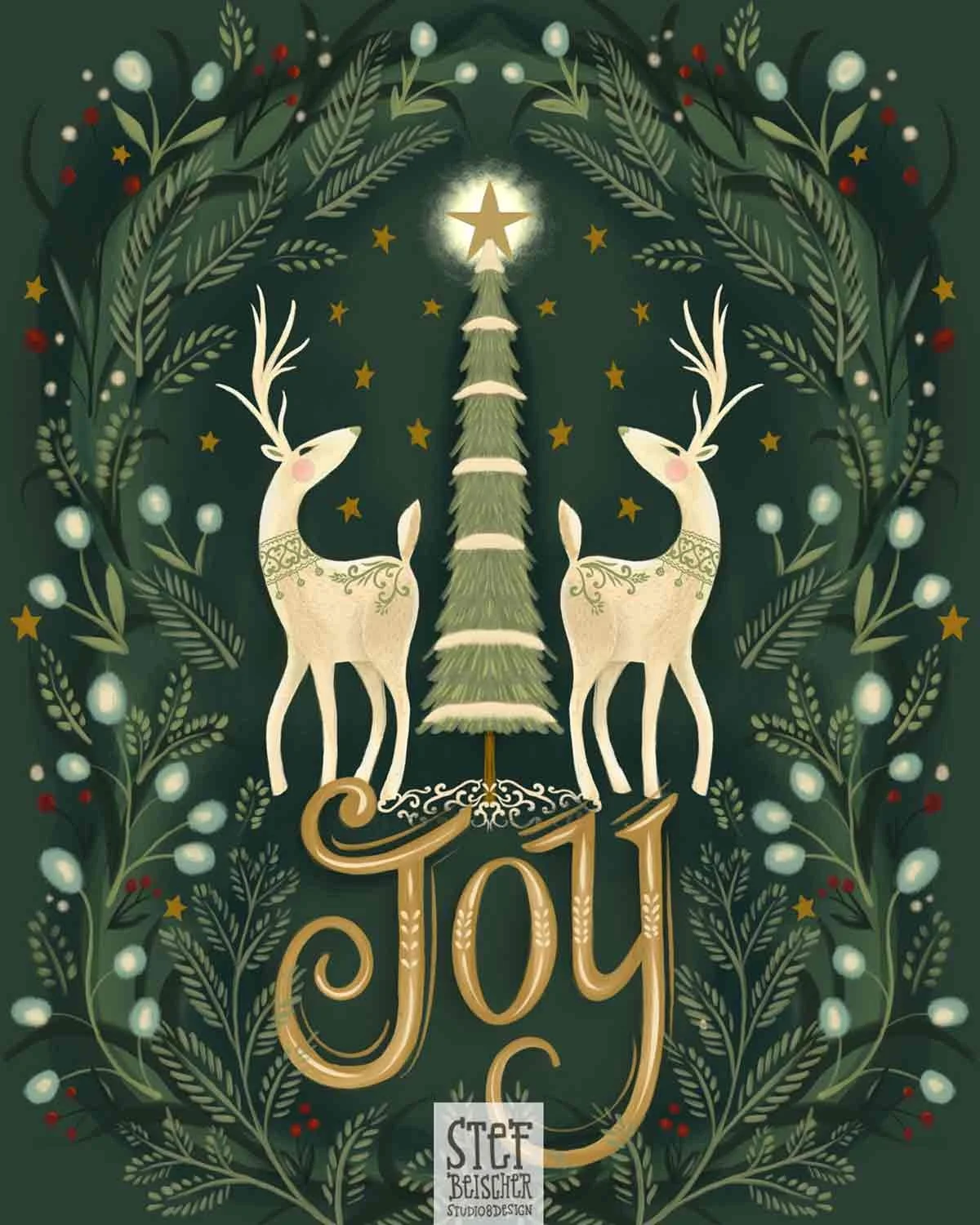 Hand lettered winter illustration in deep forest greens, gold and cream. Features reindeer, a tree with a glowing star and reads "JOY". By Stephanie Beischer.
