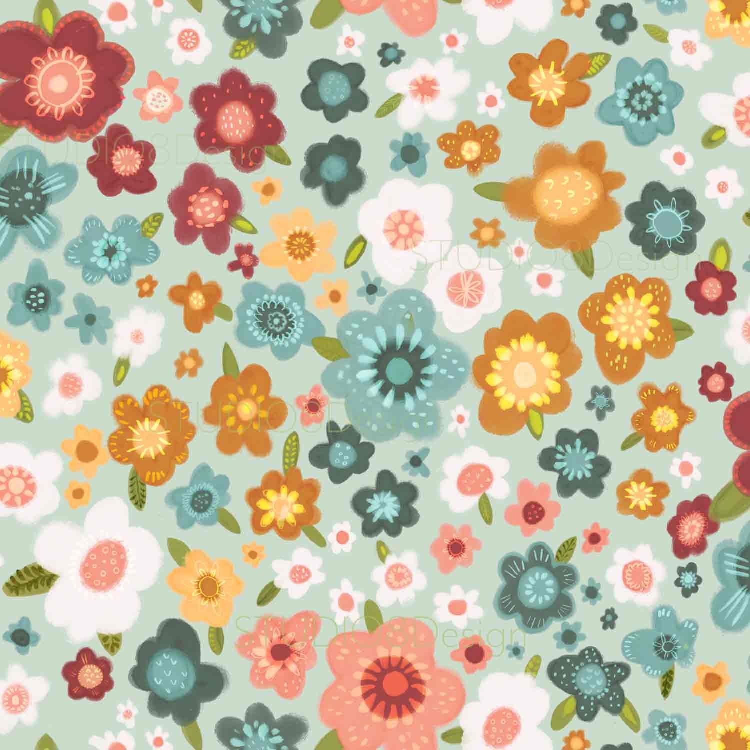 Fun surface pattern design and illustration featuring hand painted brightly colored daisies.
