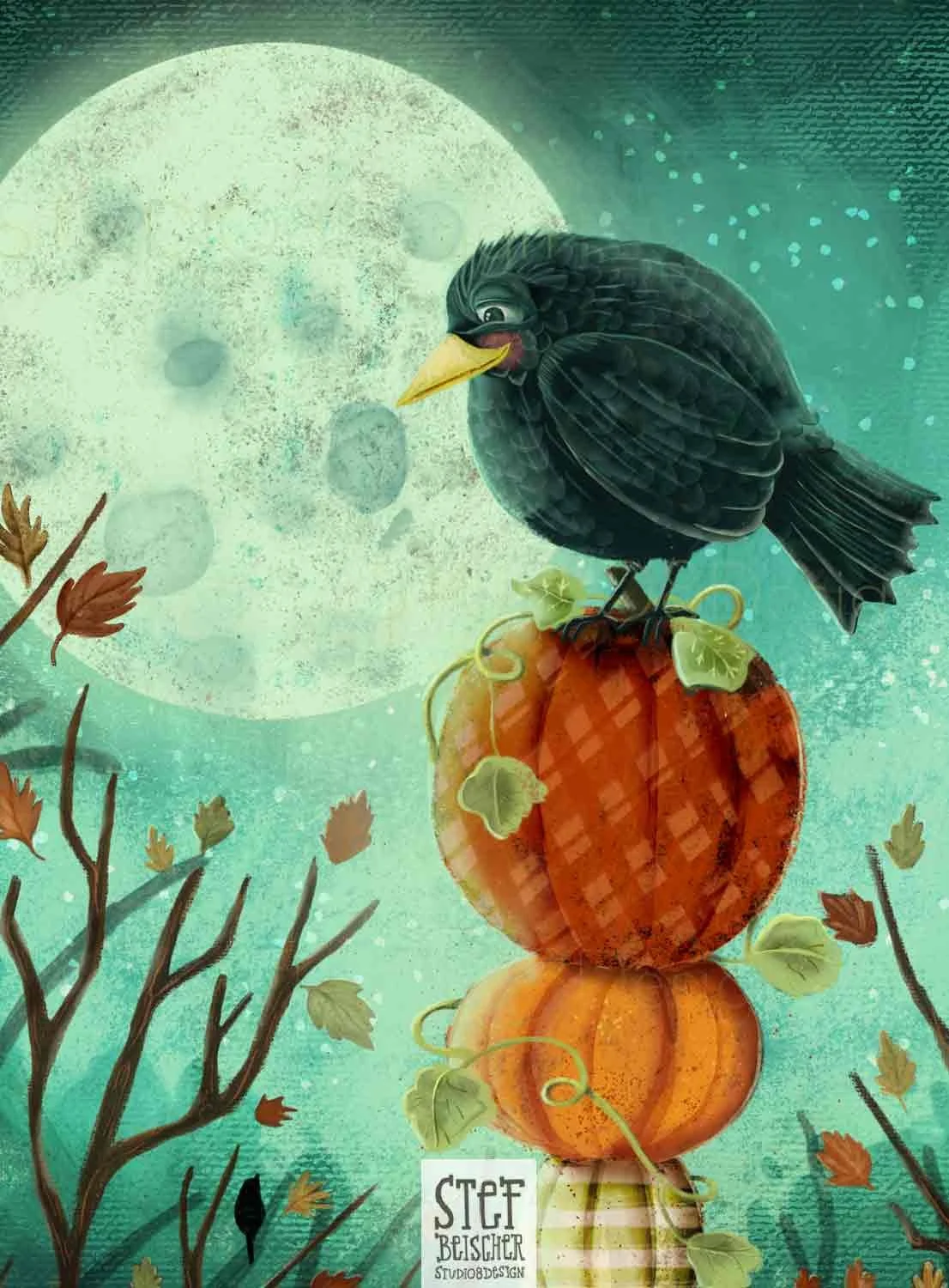 Moonlit crow sits perched on decorative pumpkins by children's book illustrator Stephanie Beischer.
