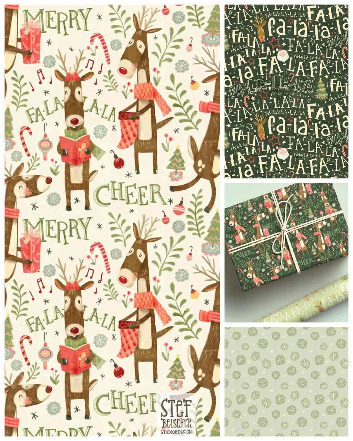 Cute and whimsical reindeer pattern design collection that features hand lettering "merry", "cheer" and "fa-la-la" by Stephanie Beischer