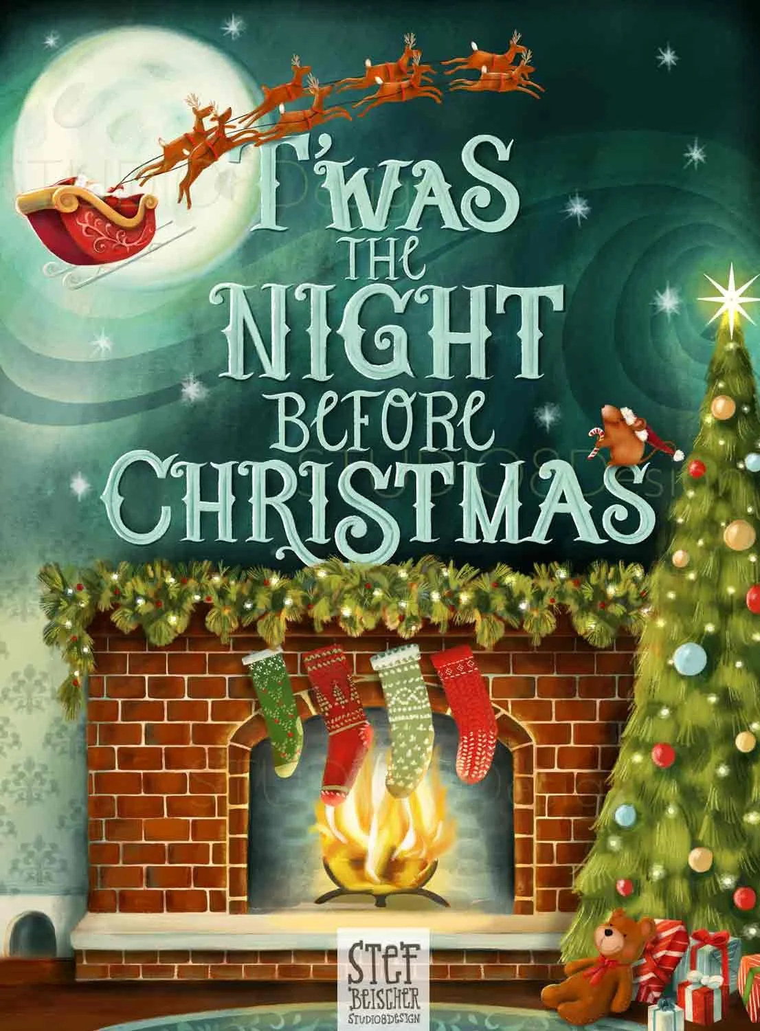 Children's book cover illustration for The Night Before Christmas by Stephanie Beischer