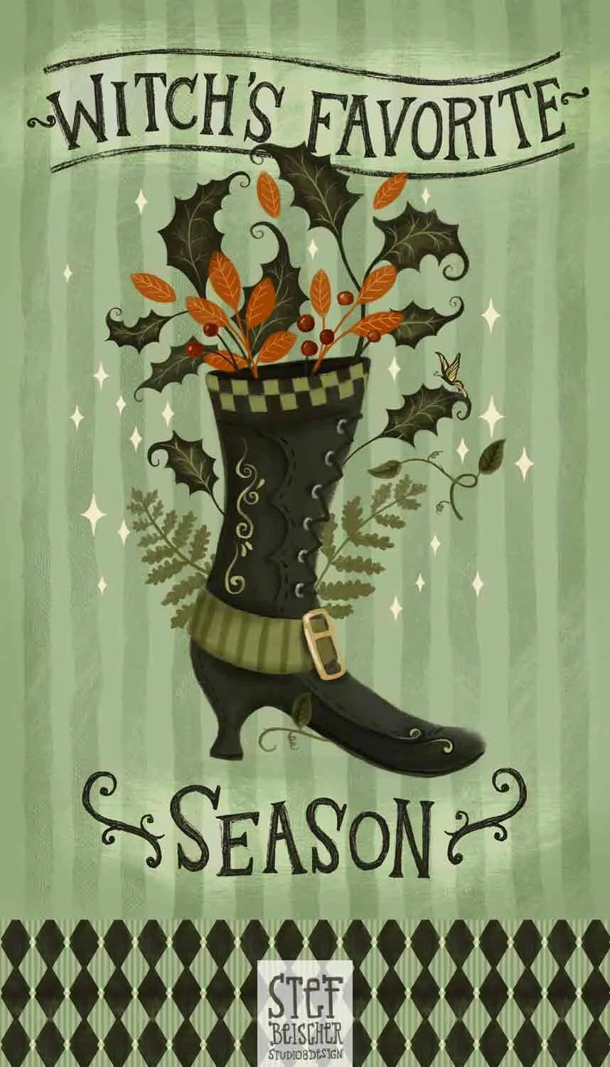 Whimsical vintage witch boot which is hand lettered to read Witch's Favorite Season illustration by Stephanie Beischer
