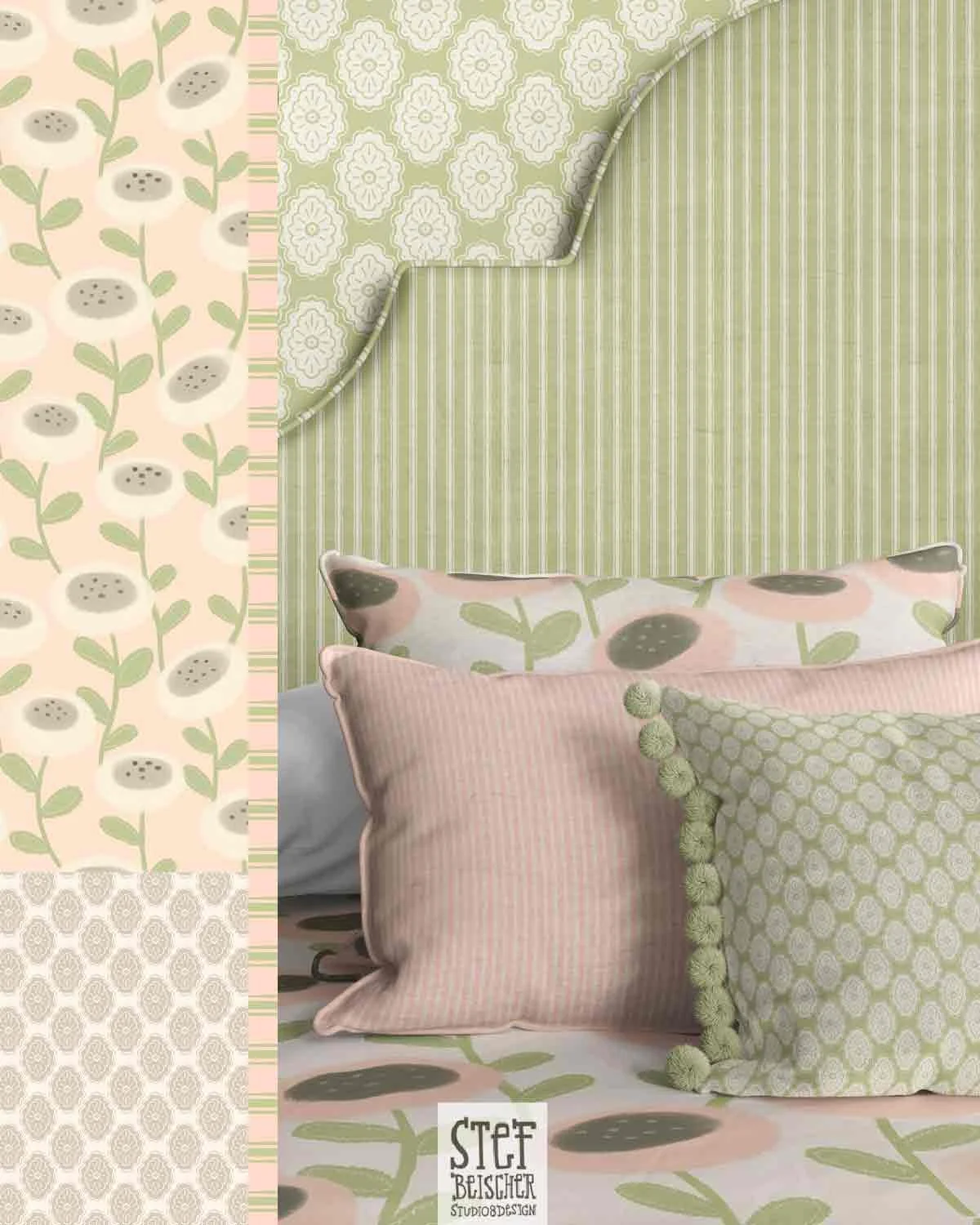 This minimalist art collection features soft hued and subtle pinks, greens, grays and creams. Abstract flowers that float through space and simple coordinating patterns. By surface designer Stephanie Beischer.