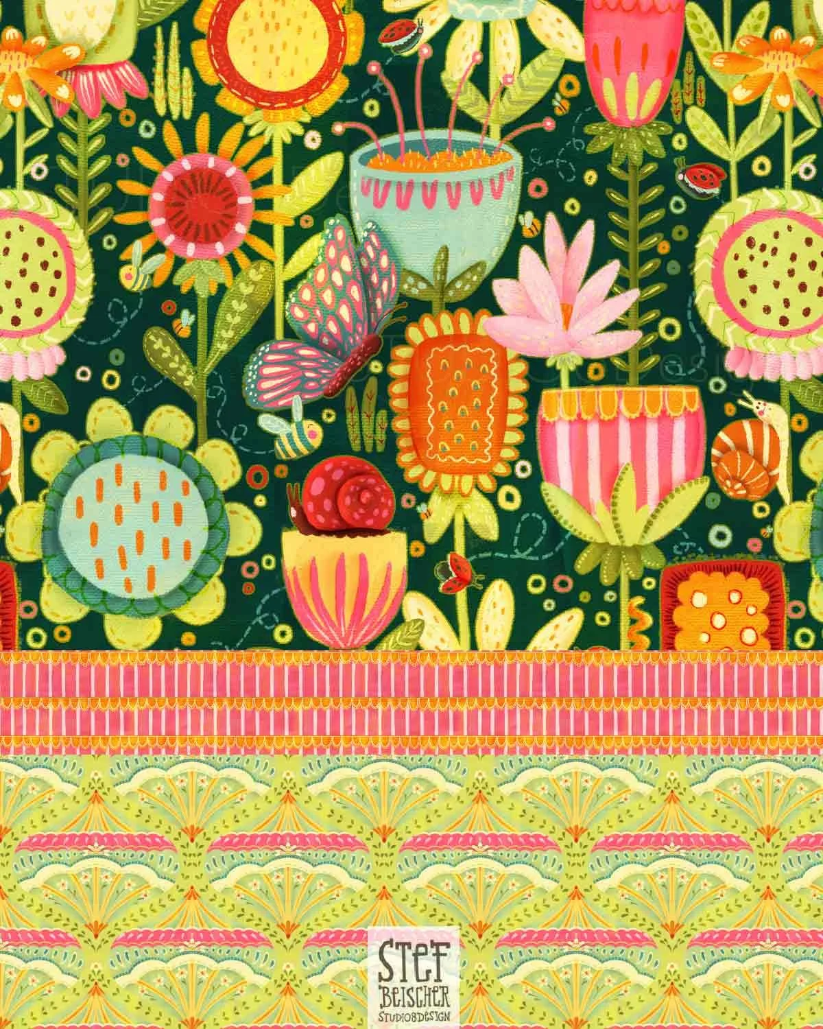 Vibrant, highly textured with extensive mark making floral. This whimsical surface collection features bugs, flowers, and colorful coordinates by surface designer Stephanie Beischer.