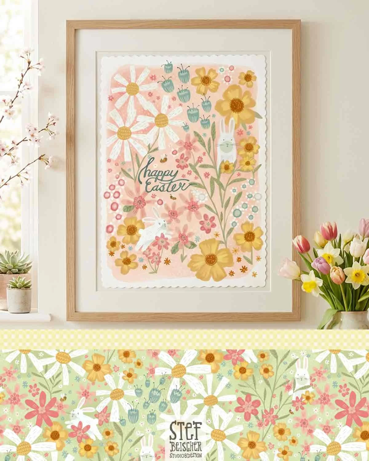 Whimsical Easter pastel floral collection featuring cute bunnies, daisies and hand-painted checker pattern by Stephanie Beischer.