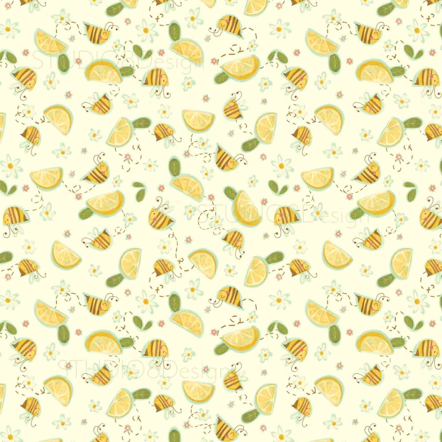 Childrens pattern illustration featuring bumble bees and lemons by stephanie beischer