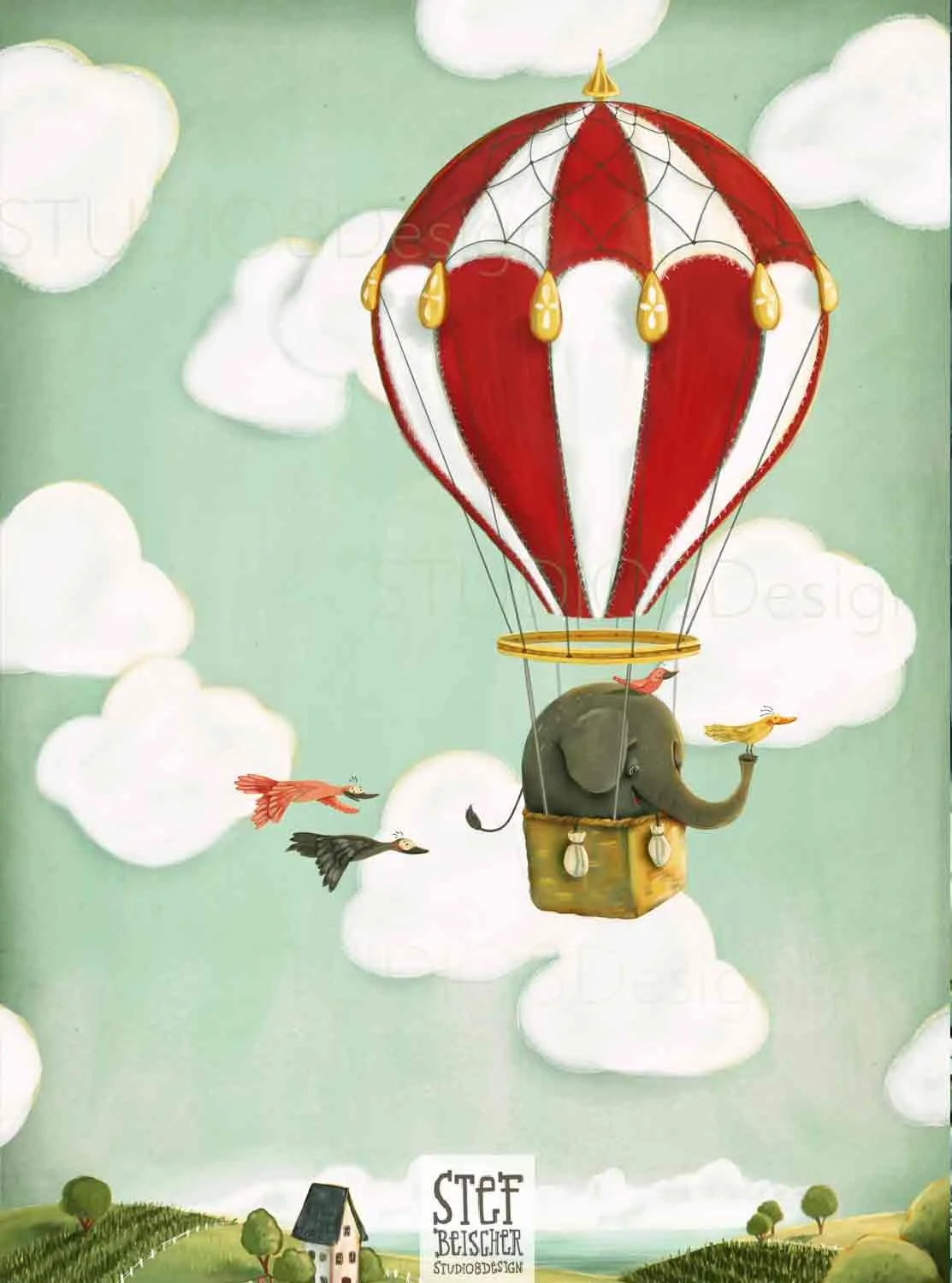 Children's book cover featuring a cute baby elephant flying over a field in a hot air balloon heading to an exciting adventure by Stephanie Beischer