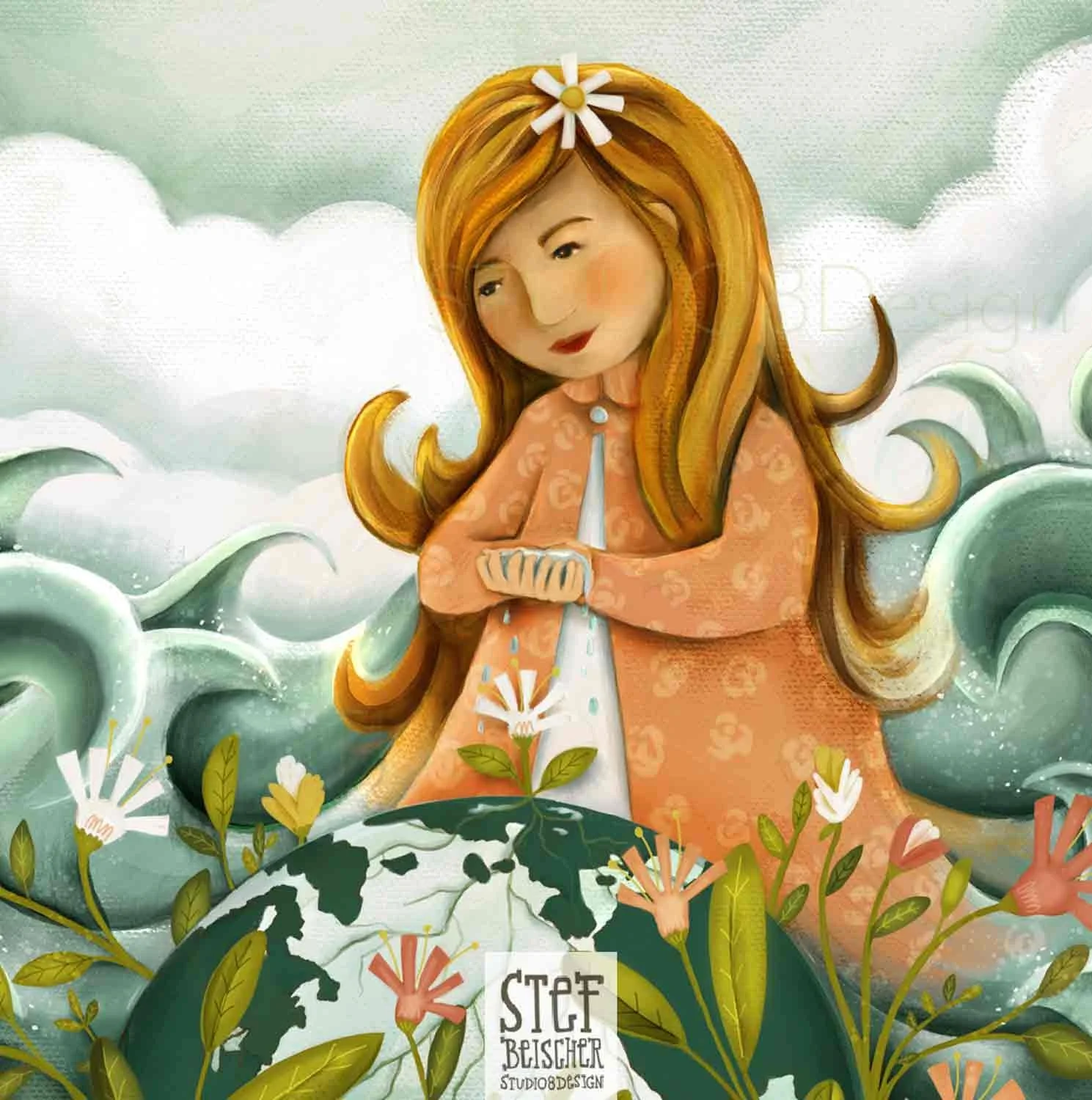 A child plants flowers to help restore planet earth environment children's book illustration by Stephanie Beischer.
