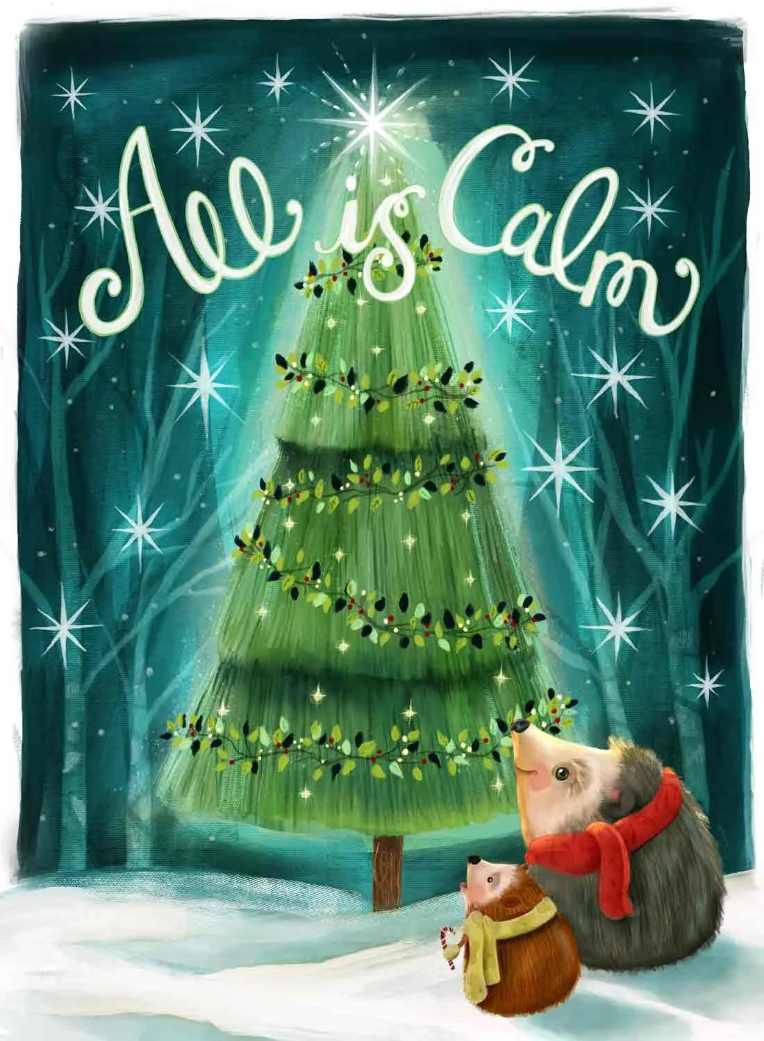 Sweet Christmas illustration featuring a beautiful Christmas tree, hand lettering that reads "All is Calm" and cuddly hedgehogs gazing up at the tree. Illustration by Stephanie Beischer is perfect for seasonal product, greeting cards, puzzles, advent