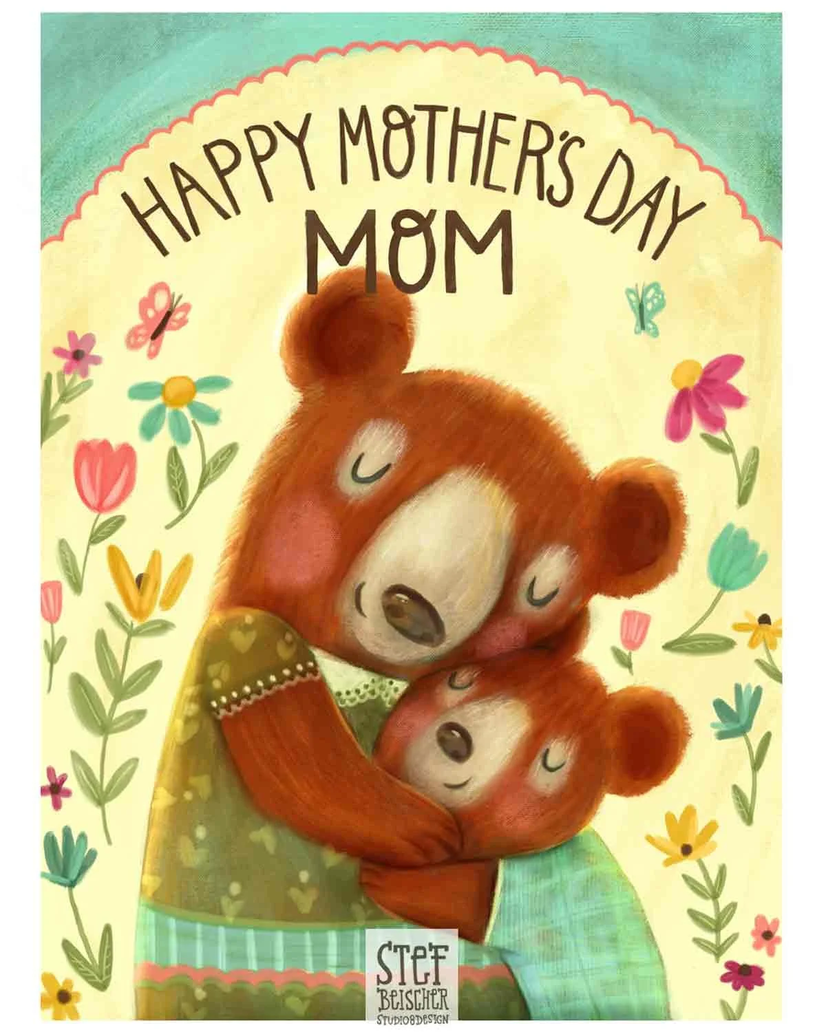 Cute mama bear hugging her cub. Hand lettering reads "Happy Mother's Day" by greeting card artist Stephanie Beischer