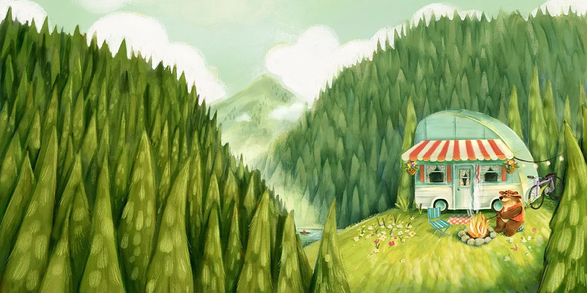 Whimsical illustration featuring a bear by a campfire and camper overlooking a tree filled mountain range. By Stephanie Beischer.