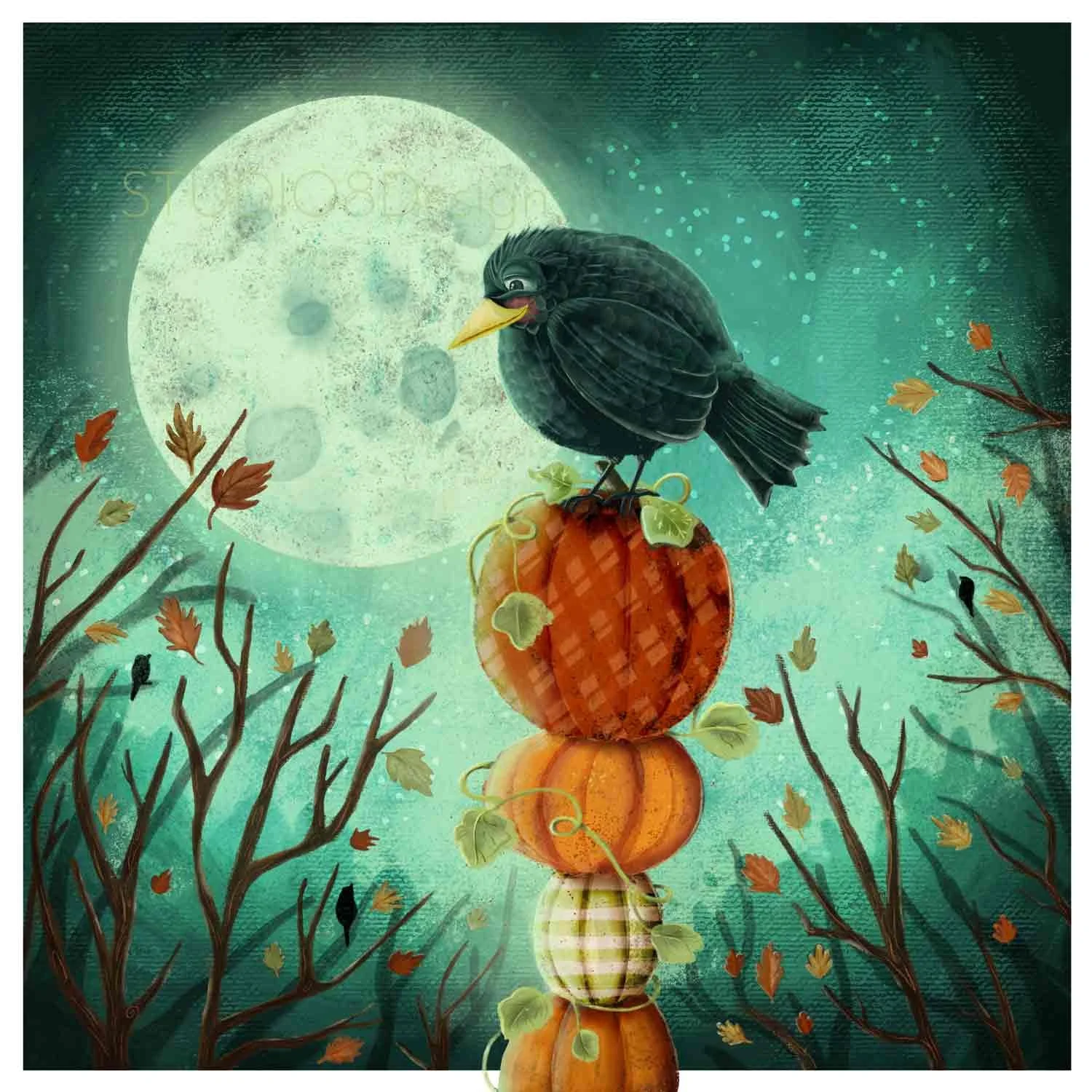 illustration of crow on a stack of pumpkins under the moonlight by Stephanie Beischer
