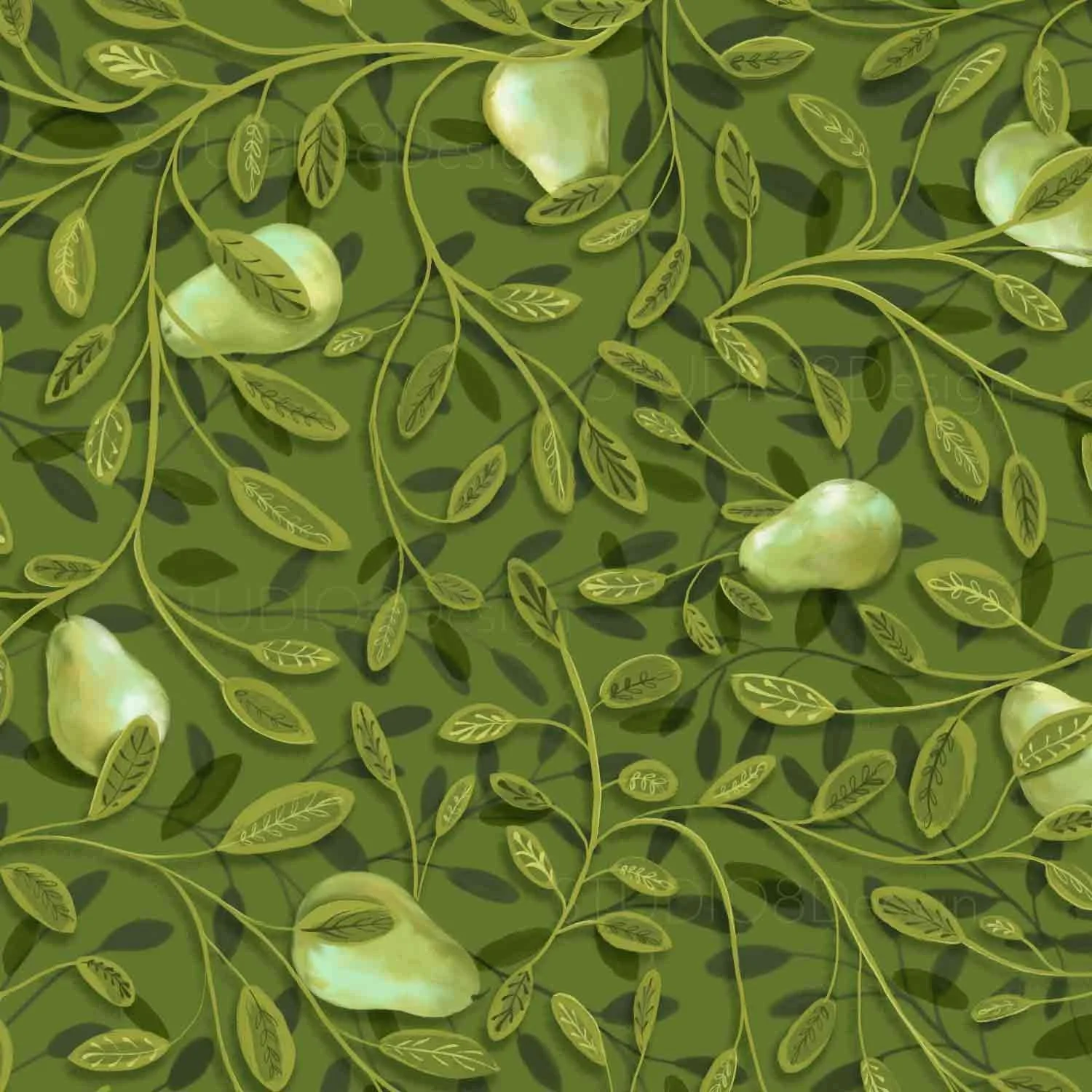 Food surface pattern design and illustration by Stephanie Beischer featuring swirling pear tree leaves and pears in a trending green color.