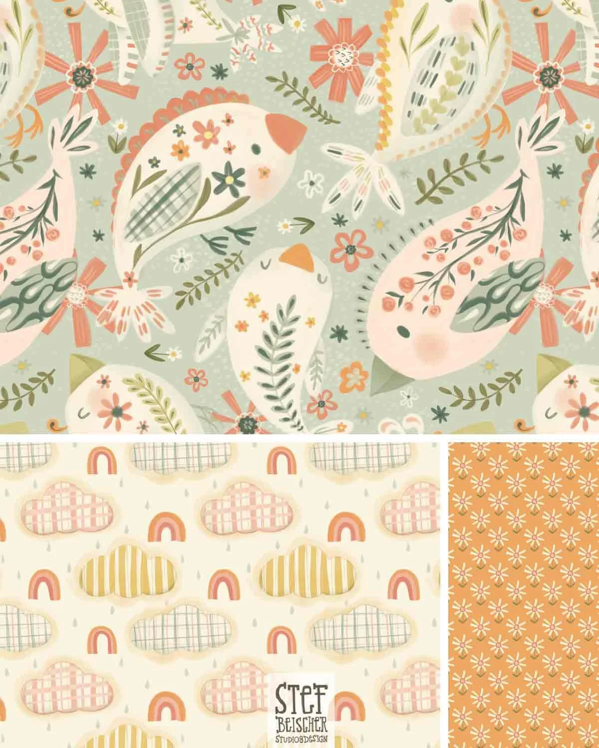 Maximalist, whimsical paisley floral pattern design collection featuring soft hues and cascading flowers.
