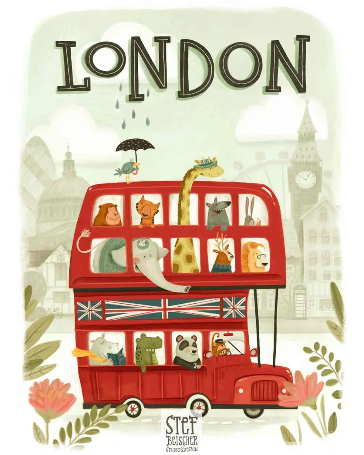 Whimsical and cute zoo animals riding a red london bus. Hand lettered and reads LONDON by Stephanie Beischer
