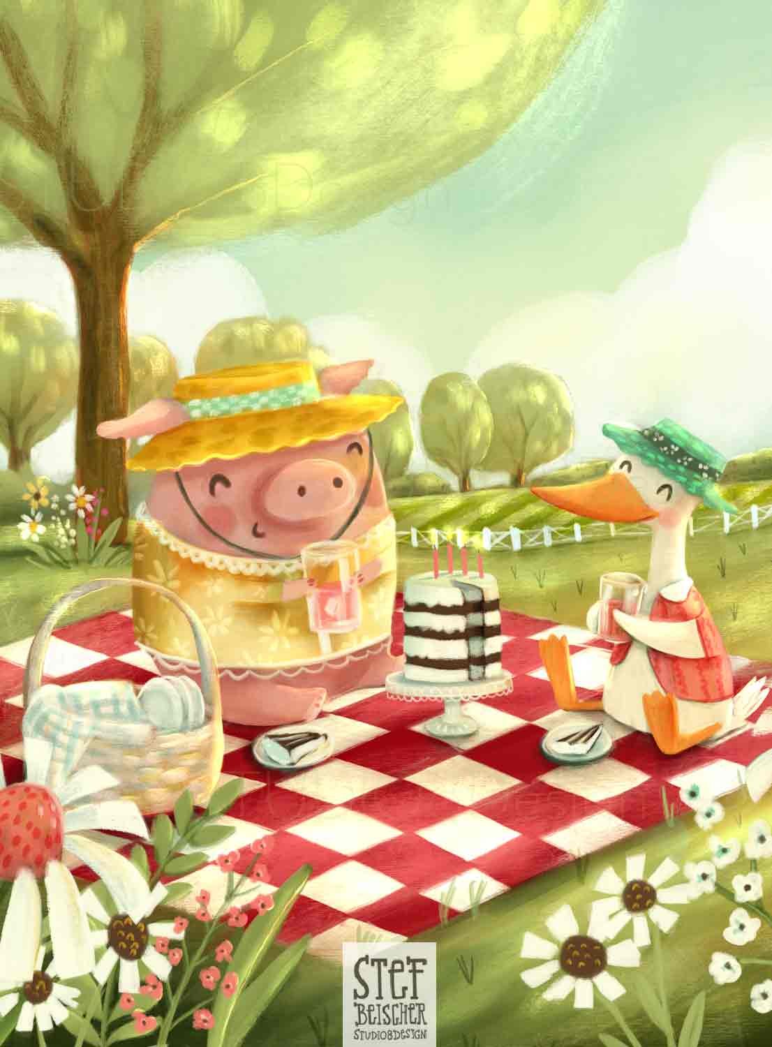 A cute pig and duck picnic on a farm in this children's book illustration by Stephanie Beischer.