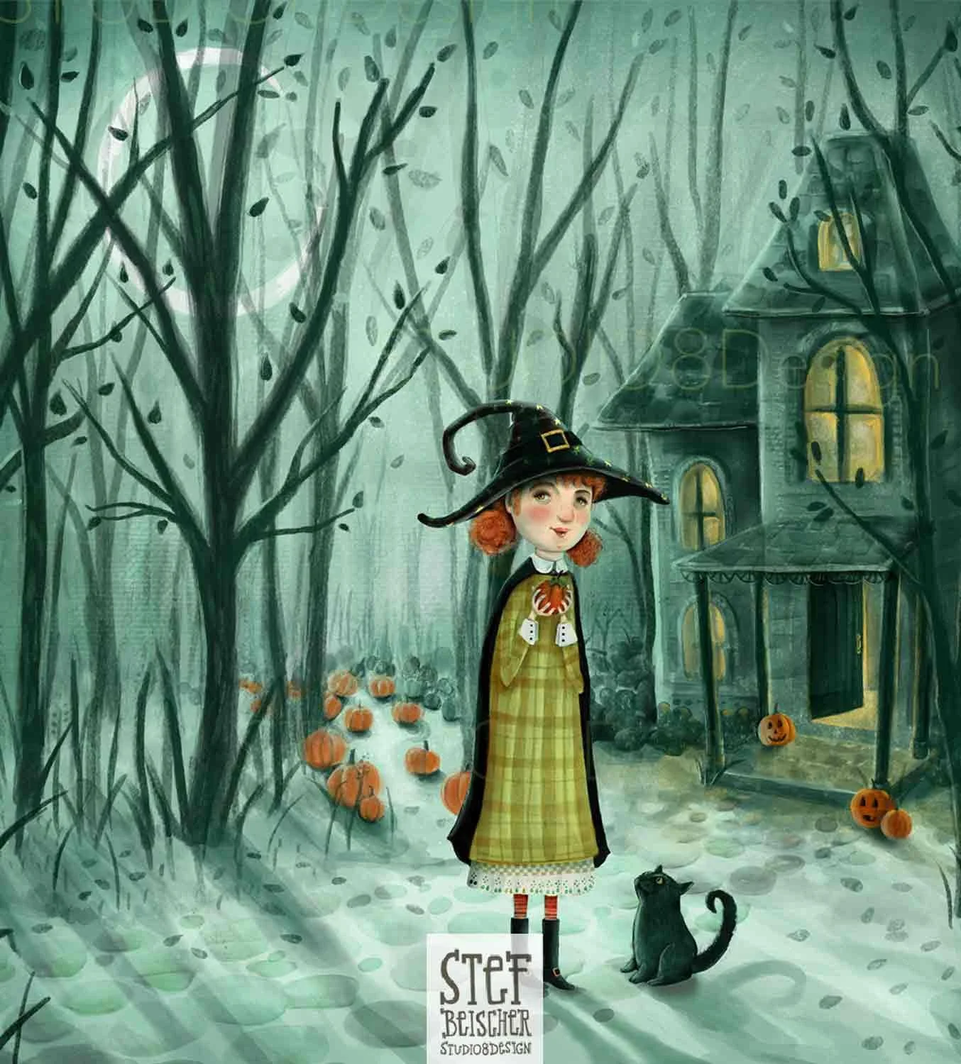 A cute little witch stands in a moody moonlit pumpkin patch with her black cat and a glowing spooky house by children's book illustrator Stephanie Beischer.