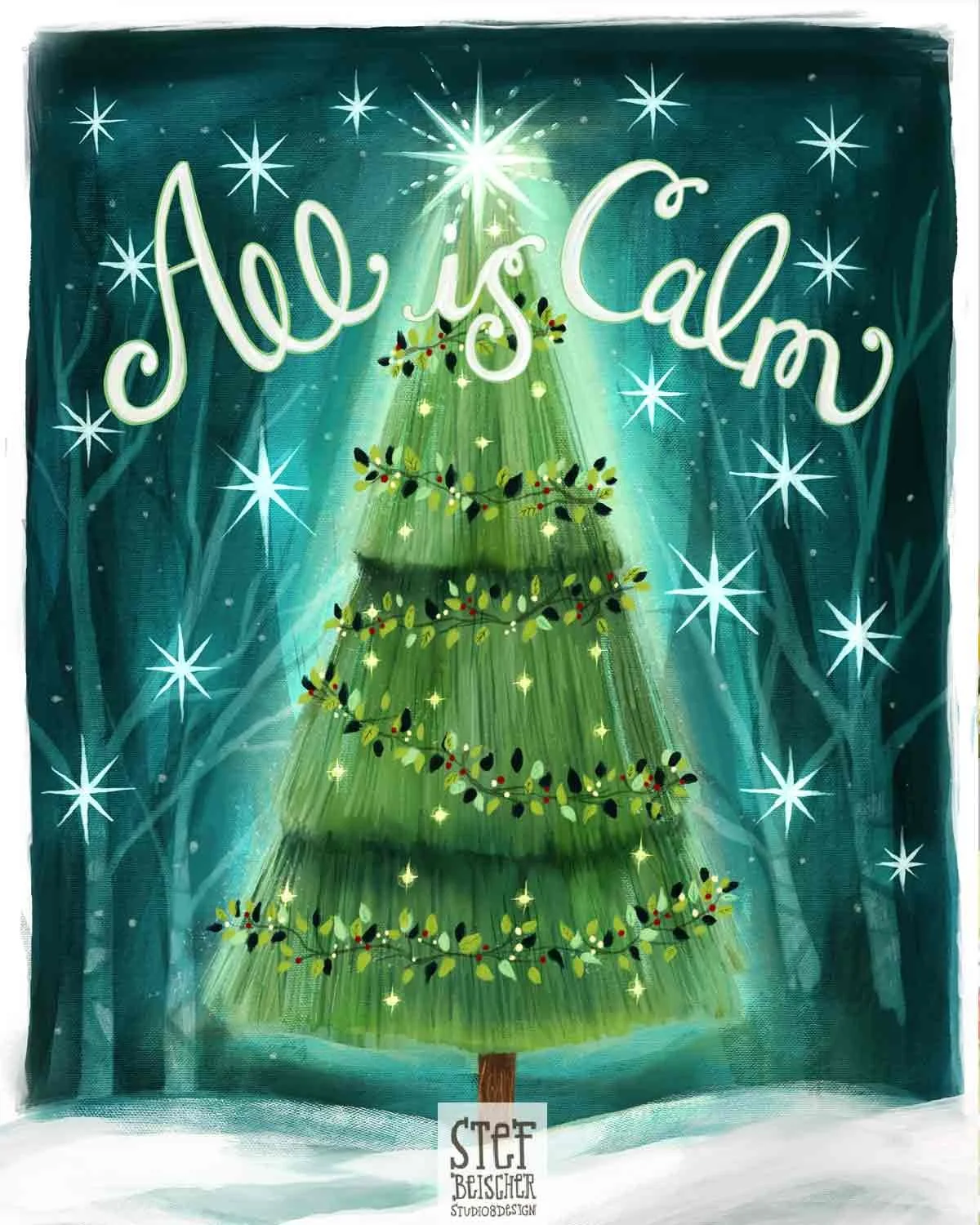 Sweet Christmas illustration featuring a beautiful glowing Christmas tree in a dark, snowy winter night, hand lettering that reads "All is Calm". Illustration by Stephanie Beischer is perfect for seasonal product, greeting cards, puzzles, advent cale
