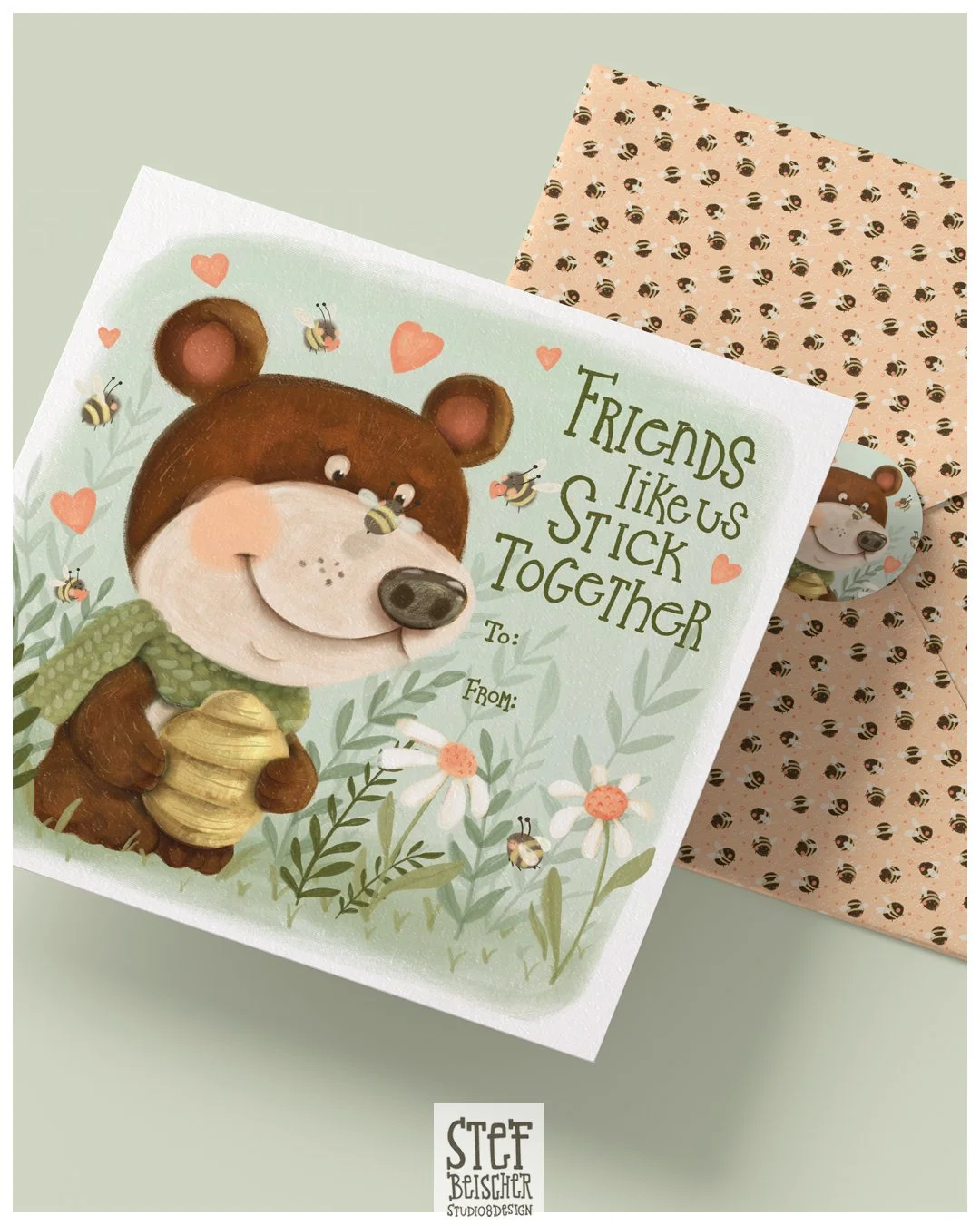 A gift bag featuring a cute bear illustration holding a honey jar, with bees and flowers, and the slogan "Friends like us stick together." The bag has a matching insert with another bear illustration.