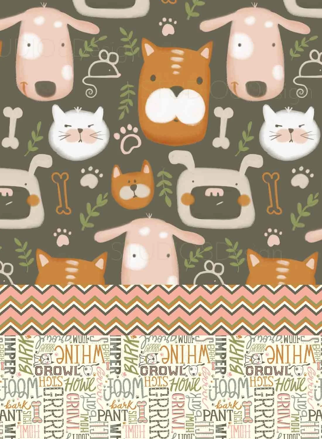 Cute animal design, dog and cat pattern - illustration featuring adorable animal characters, hand lettering dog noises and colorful herringbone coordinate by Stephanie Beischer. Stephanie specializes in pattern design and animal illustration.