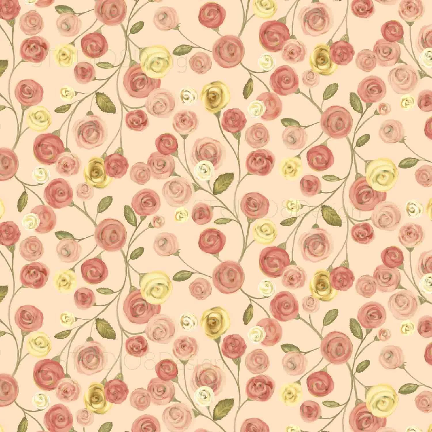 Floral pattern with pastel roses and green leaves on a beige background.